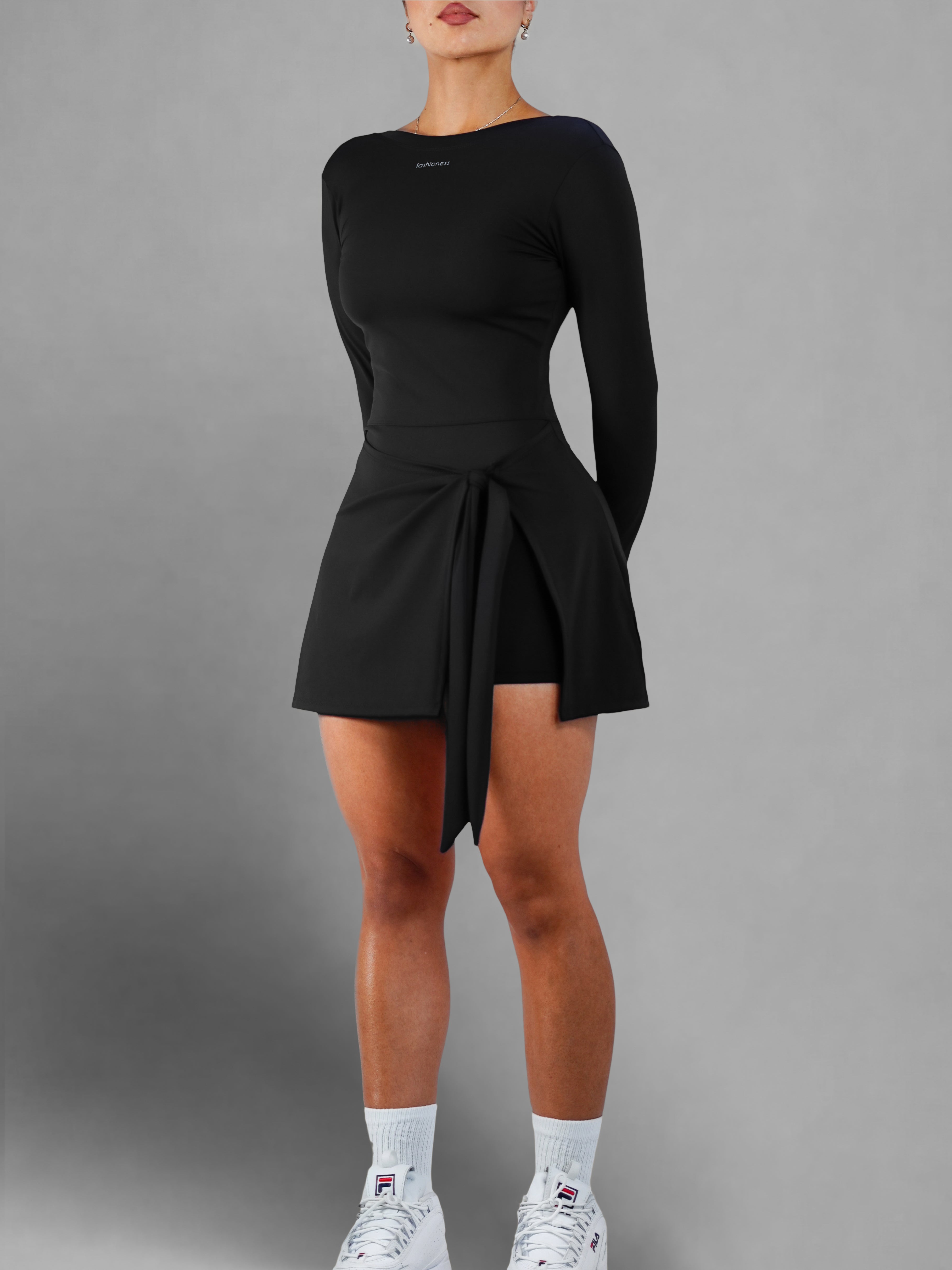 Elegant Tie-Up Long Sleeve Tennis Dress for Women - Black | Breathable & Comfortable Athletic Wear for Tennis, Golf & Casual Outings