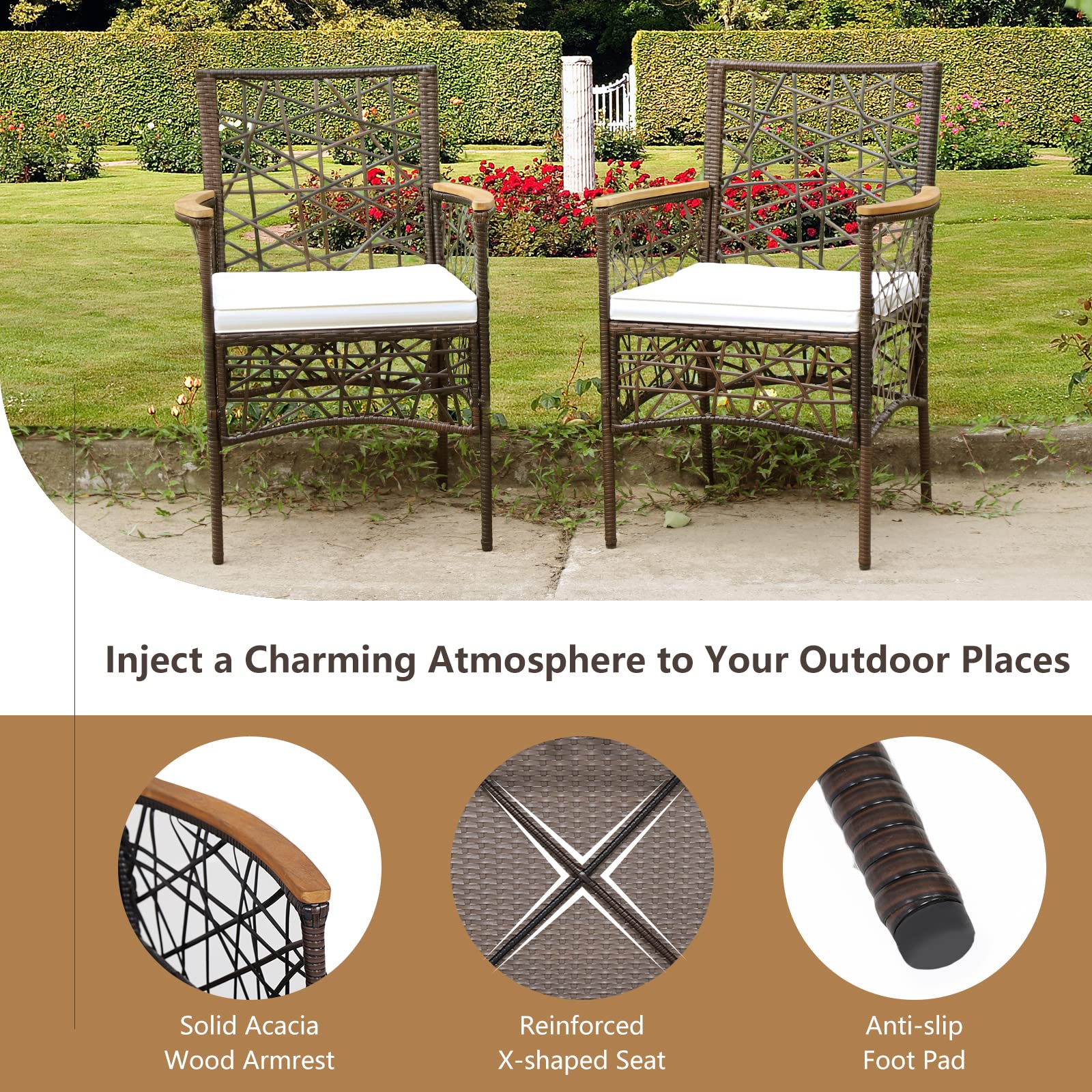 RELAX4LIFE 2-Piece PE Wicker Patio Chairs Set - Acacia Wood Armrests & Removable Cushions - Indoor Outdoor Dining Armchairs for Restaurant, Porch, Garden, Poolside, Backyard - Perfect for Al Fresco Dining and Outdoor Relaxation