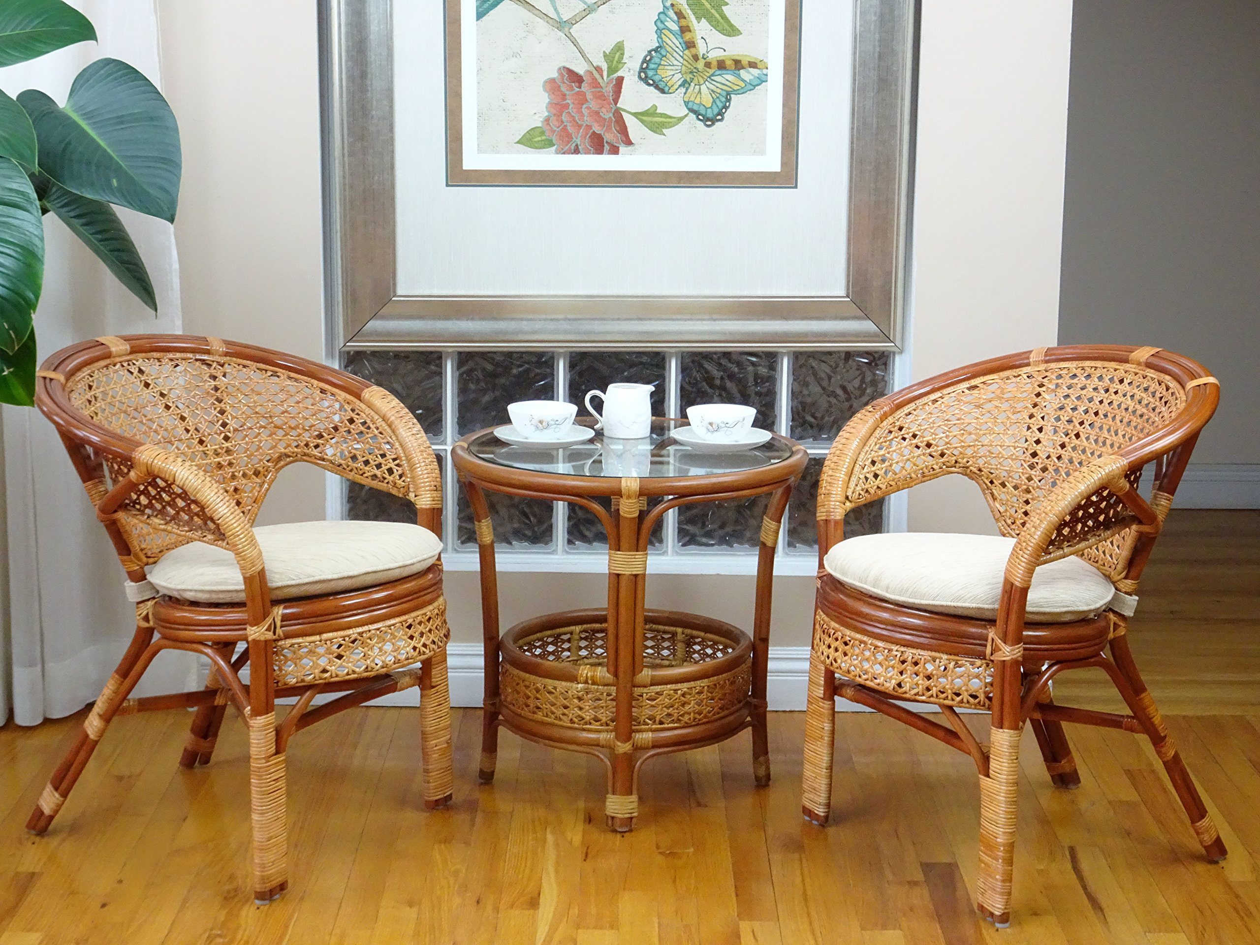 Rattan Chair Set with Cushions & Glass Coffee Table for Patio