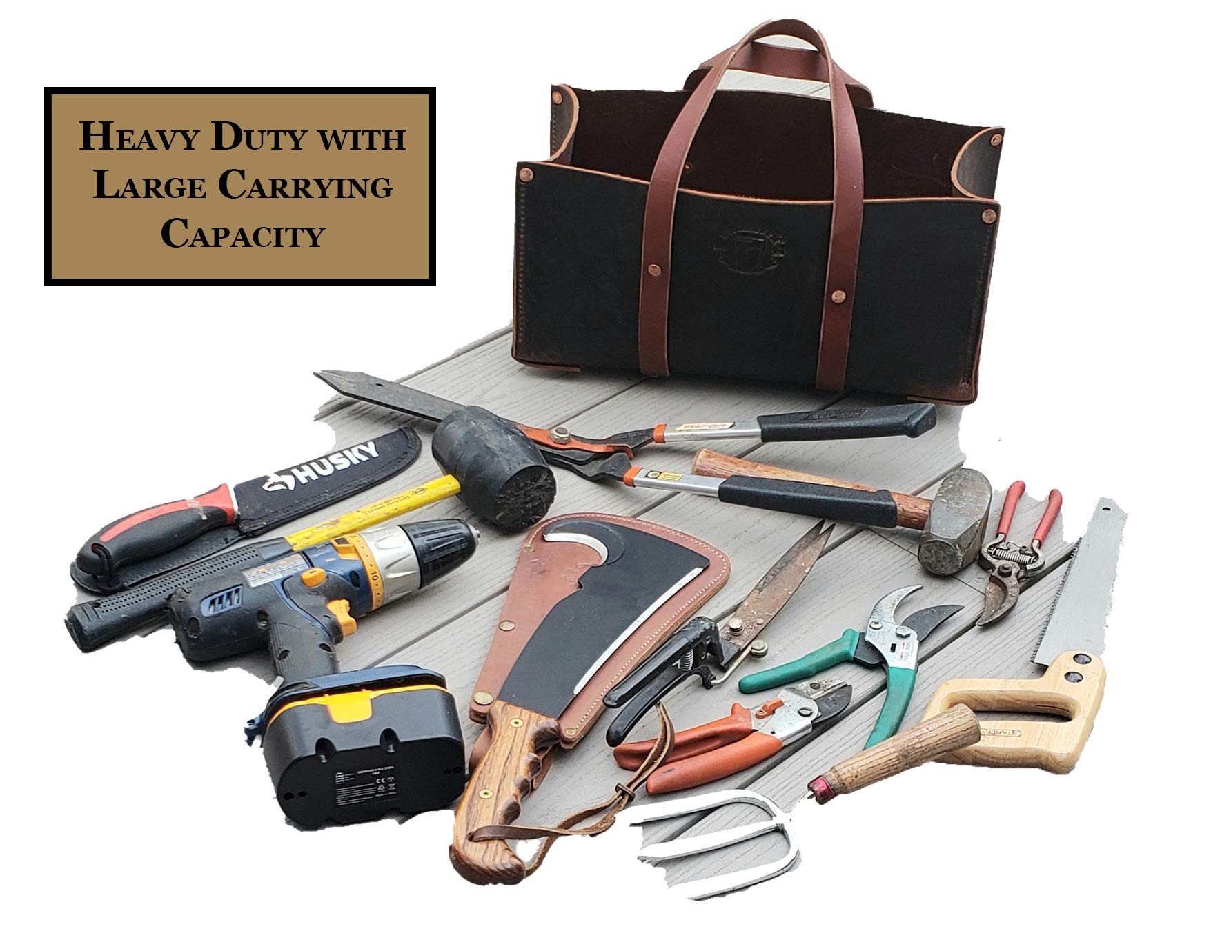 **Premium Buffalo Leather Tool Bag - Heavy Duty Woodman's Pal Tote for Hand Tools, Gardening & Outdoor Gear | Durable Leather Organizer (Crazy Horse Black) | Perfect for Craftsmen, Gardeners & Outdoor Enthusiasts**