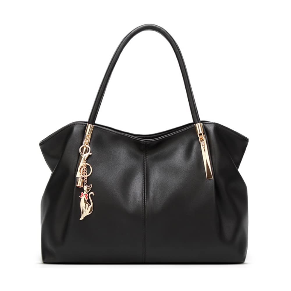 Stylish Women's PU Leather Hobo Tote Satchel Handbag with Fox Pendant - Top Handle & Adjustable Shoulder Strap - Black Purse for Work, Travel & Everyday Use