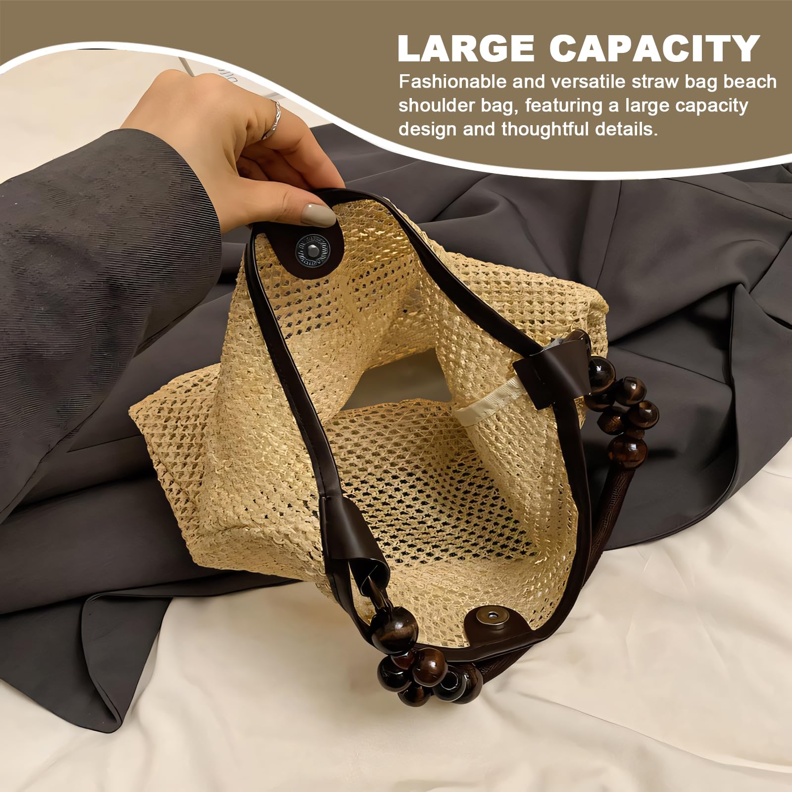Large Straw Woven Tote Bag for Women - Beach Vacation Travel Handbag with Mesh Shoulder Strap | Perfect for Summer Outings, Pool Parties & Tropical Getaways