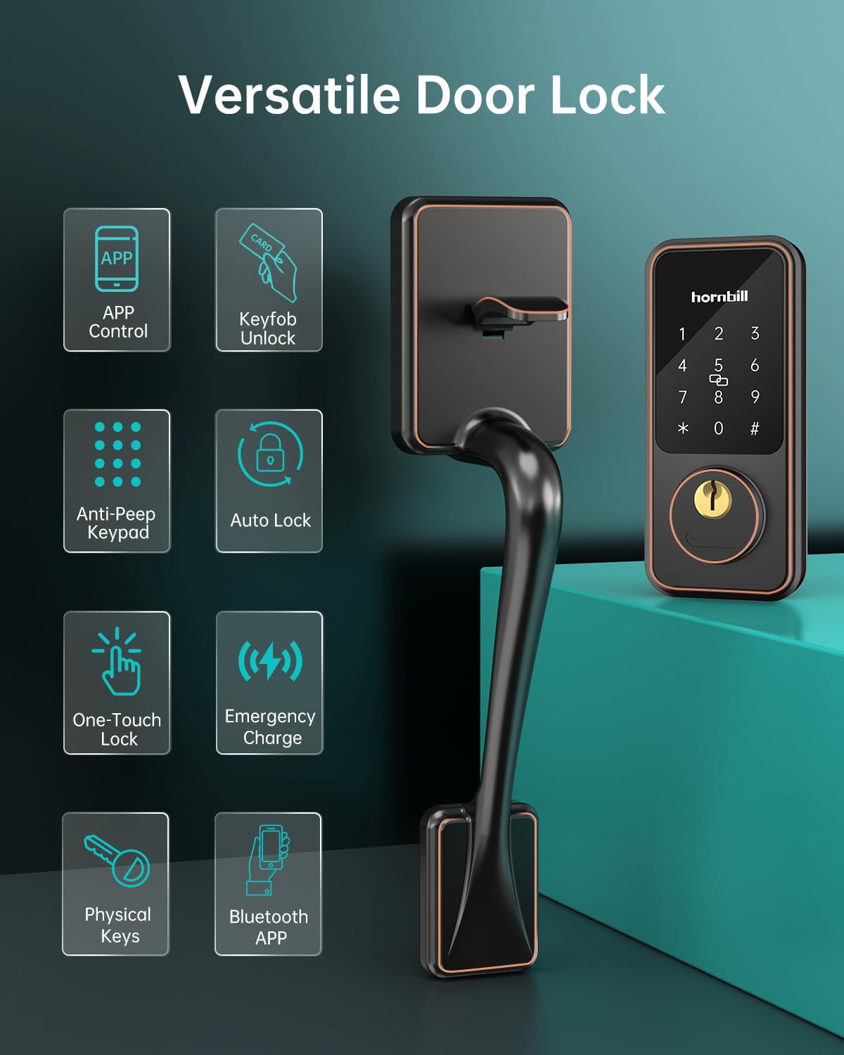 Keyless Entry Door Lock Set - Hornbill Smart Deadbolt with Handle, Bluetooth/APP Control, Auto Lock, Keyfobs & Keys, Oil Rubbed Bronze - Secure Front Door for Homes & Apartments