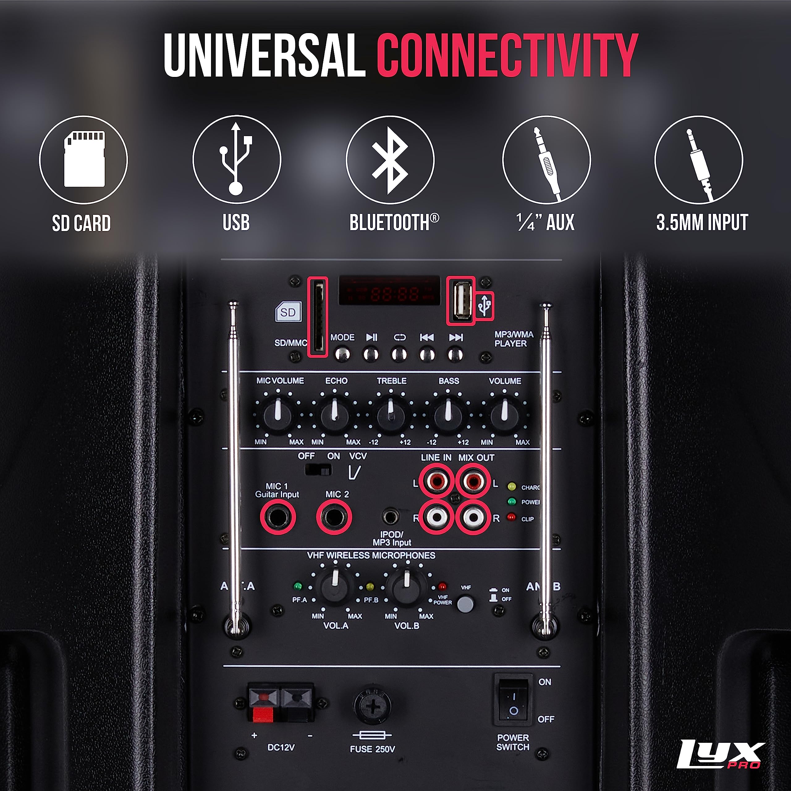 LyxPro 12 Inch Active PA Rechargeable Battery Speaker System with Bluetooth, MP3, USB, SD Card Slot - Portable Foldable Handle & Wheels for Outdoor Events, Parties, DJ Performances