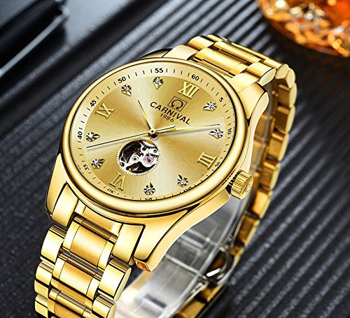 MASTOP Men's Automatic Skeleton Watch with Crystal Dial - Stainless Steel Two-Tone Mechanical Watch for Business, Casual & Formal Wear | Water Resistant & Durable