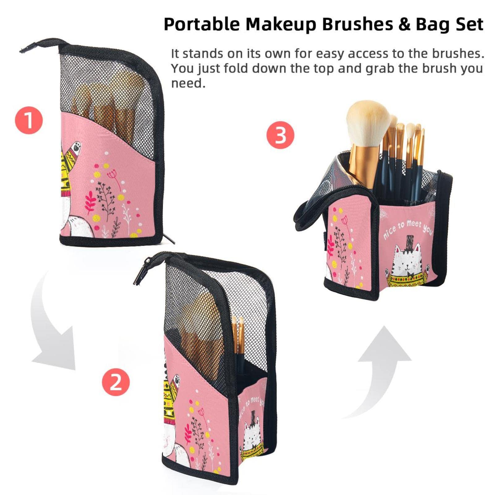 Premium 12-Piece Makeup Brush Organizer Bag - Portable Cat Design Cosmetic Brush Holder Case for Travel & Home Storage | Perfect for Makeup Artists & Beauty Enthusiasts