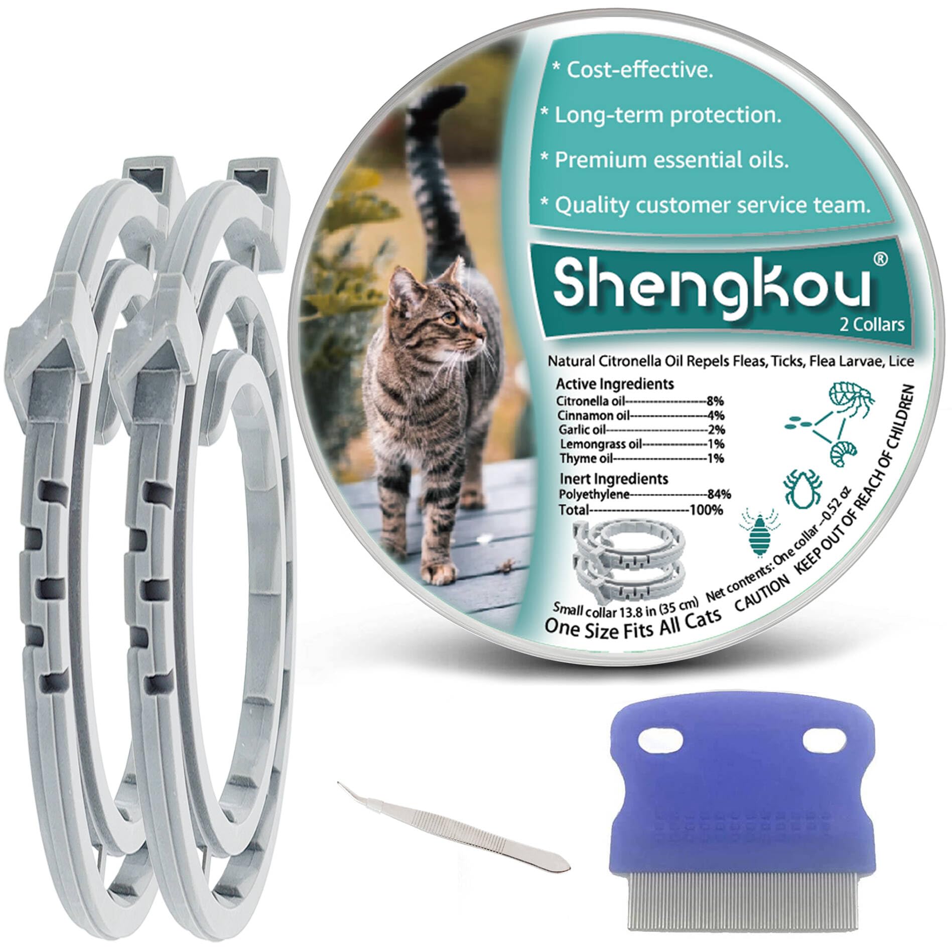 **Natural Flea and Tick Collar for Cats - 12-Month Protection, Waterproof & Safe for Kittens, Made with Premium Plant Oils (Includes Free Comb & Tweezers) - 2 Pack, 13.8 in - Perfect for Indoor & Outdoor Cats**