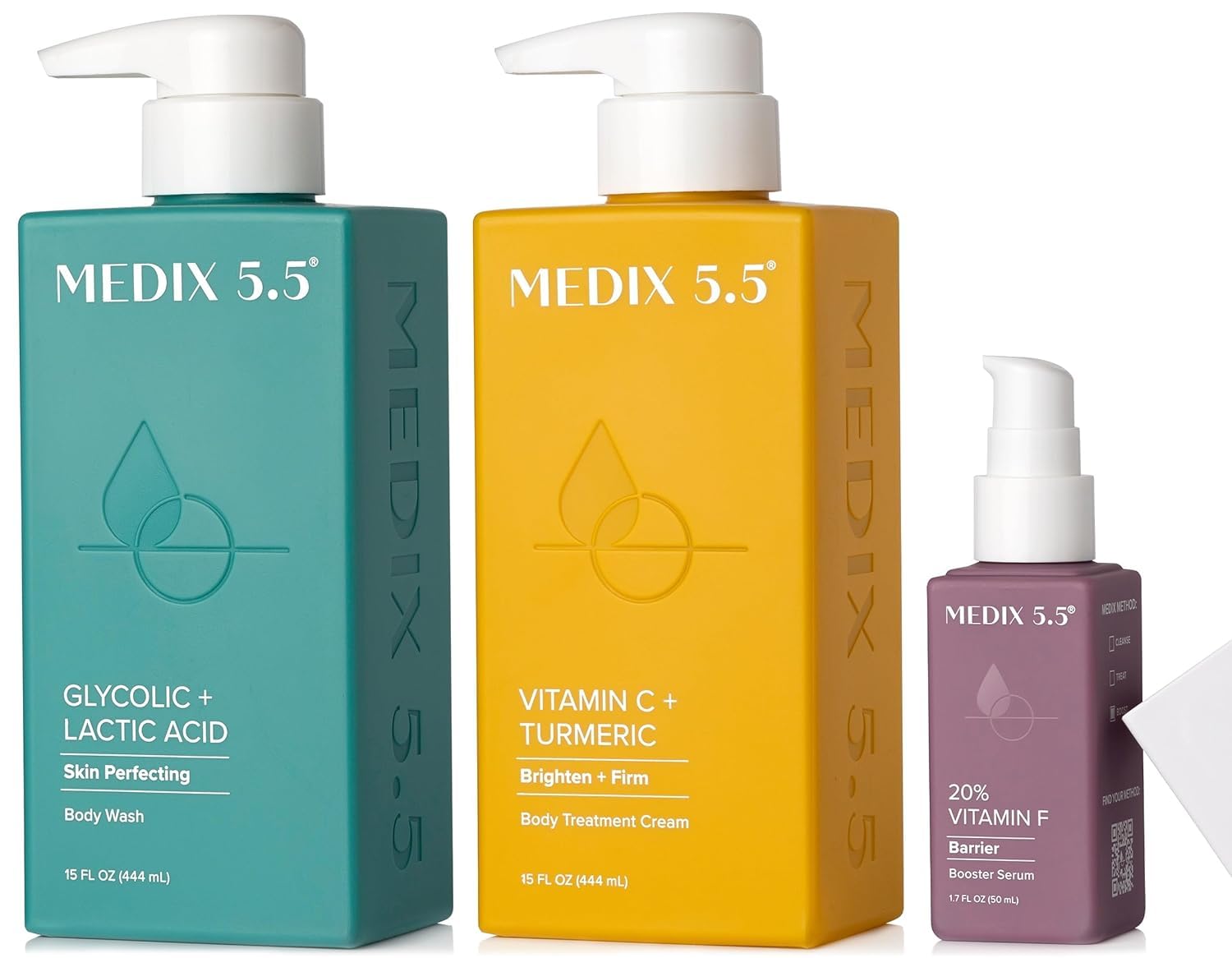 Medix 5.5% Glycolic Acid Exfoliating Body Wash with Vitamin C Brightening Cream & 20% Vitamin F Anti-Aging Serum Set - Smooth, Glowing Skin for Daily Body Care & Nighttime Routine
