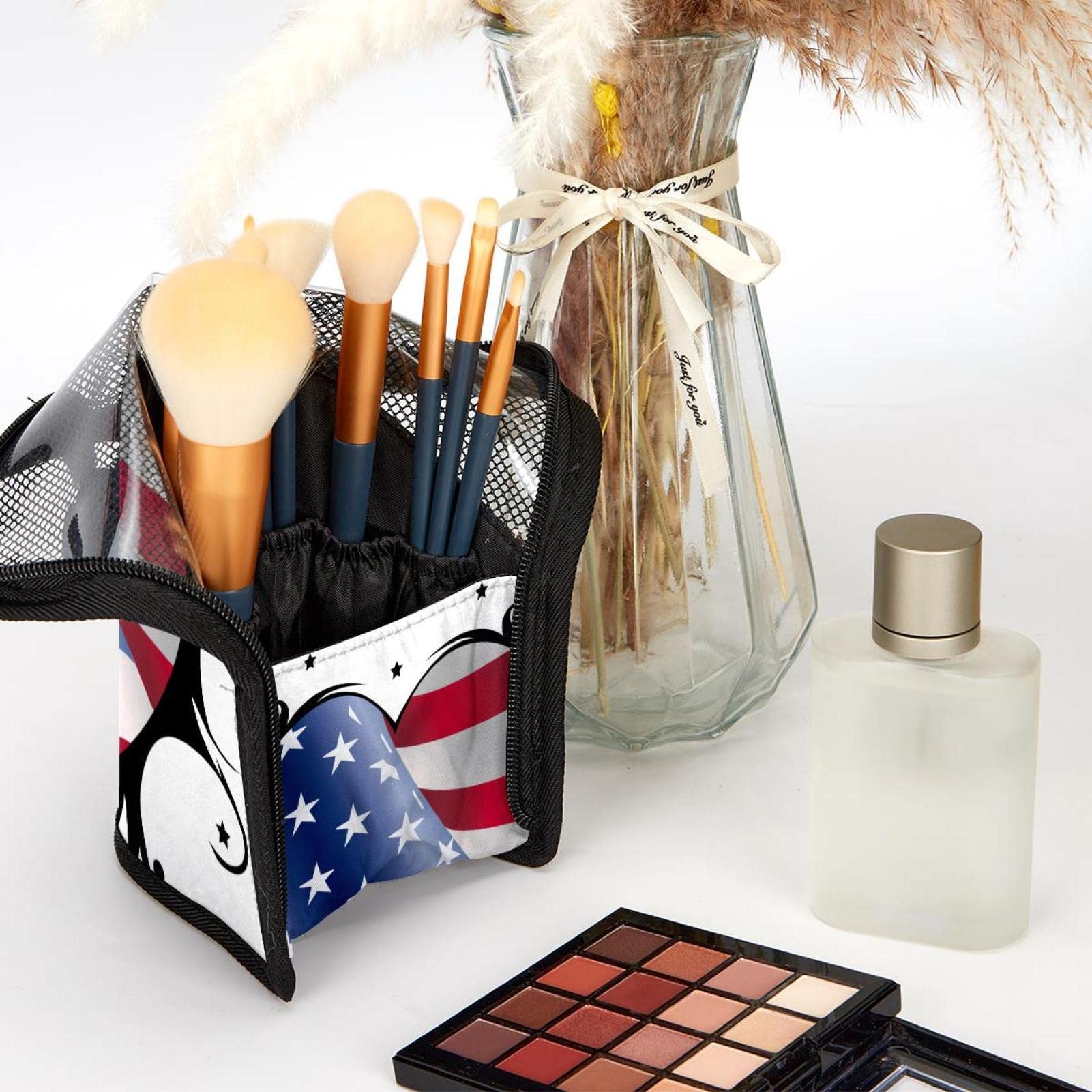 American Flag Print Makeup Brush Organizer Bag with 12 Brushes - Portable Heart Design Cosmetic Brush Holder Case for Travel, Home & Professional Makeup Artists