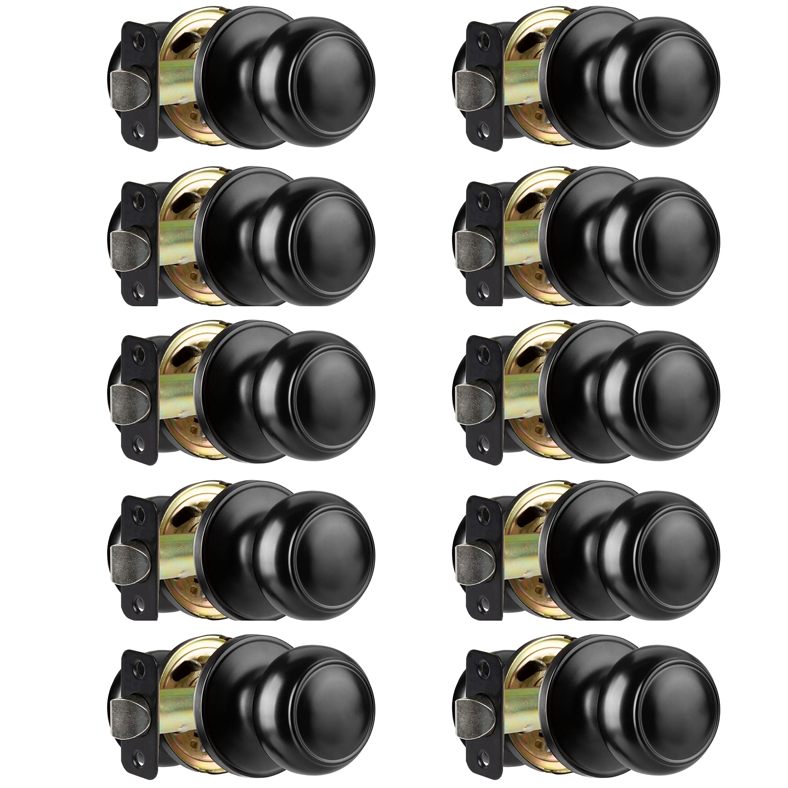 Crutello Passage Non-Locking Door Knob Set - Colonial Style Matte Black Interior Keyless Door Handles (Pack of 10) for Hallway, Closet & Bedroom Doors