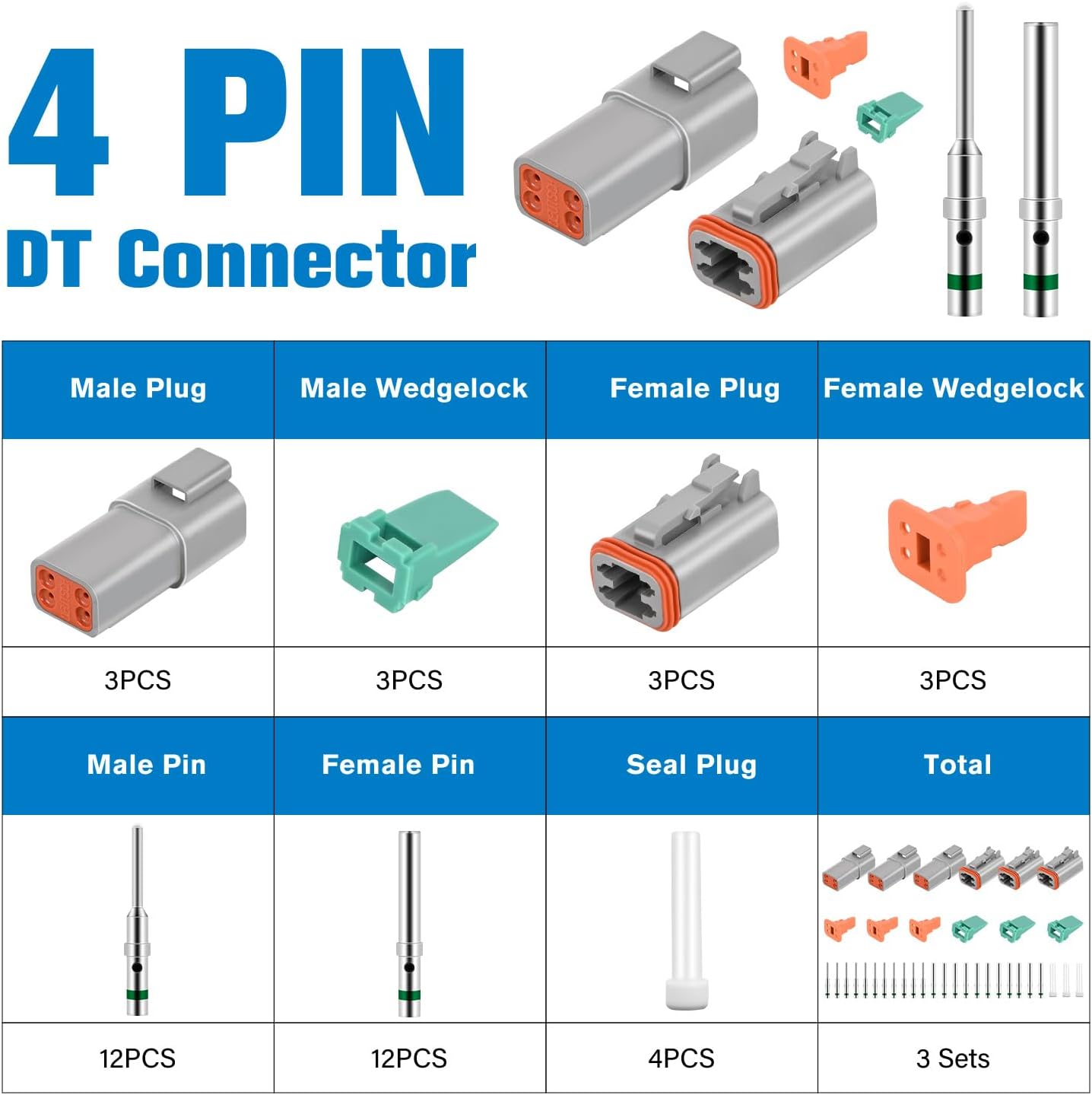 4 PIN DT Connector Kit - 3 Sets with 16 AWG Solid Contacts, Waterproof Male & Female Terminals for 14-20 AWG Wires - Ideal for Automotive, Marine, and Outdoor Electrical Applications