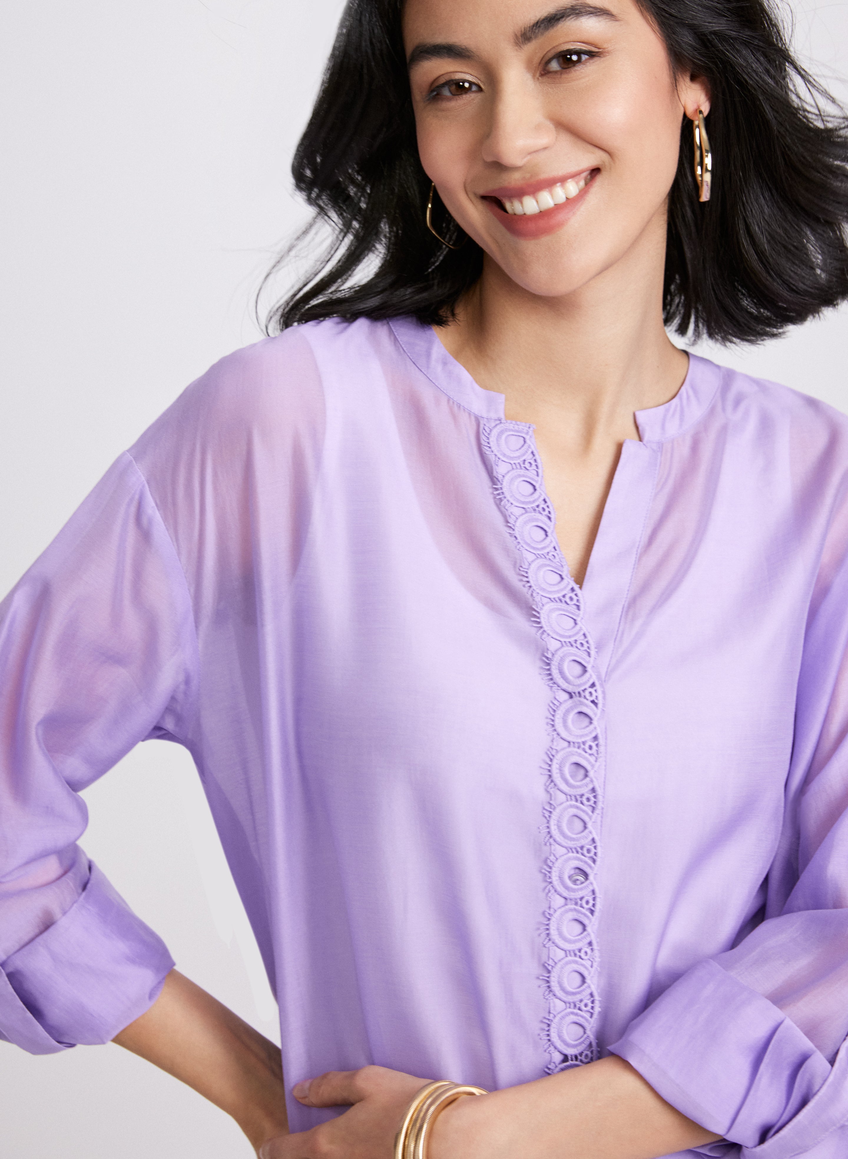 Embroidered Trim Blouse for Women - Elegant Floral Lace Top with V-Neck - Perfect for Office, Party & Date Night Outfits