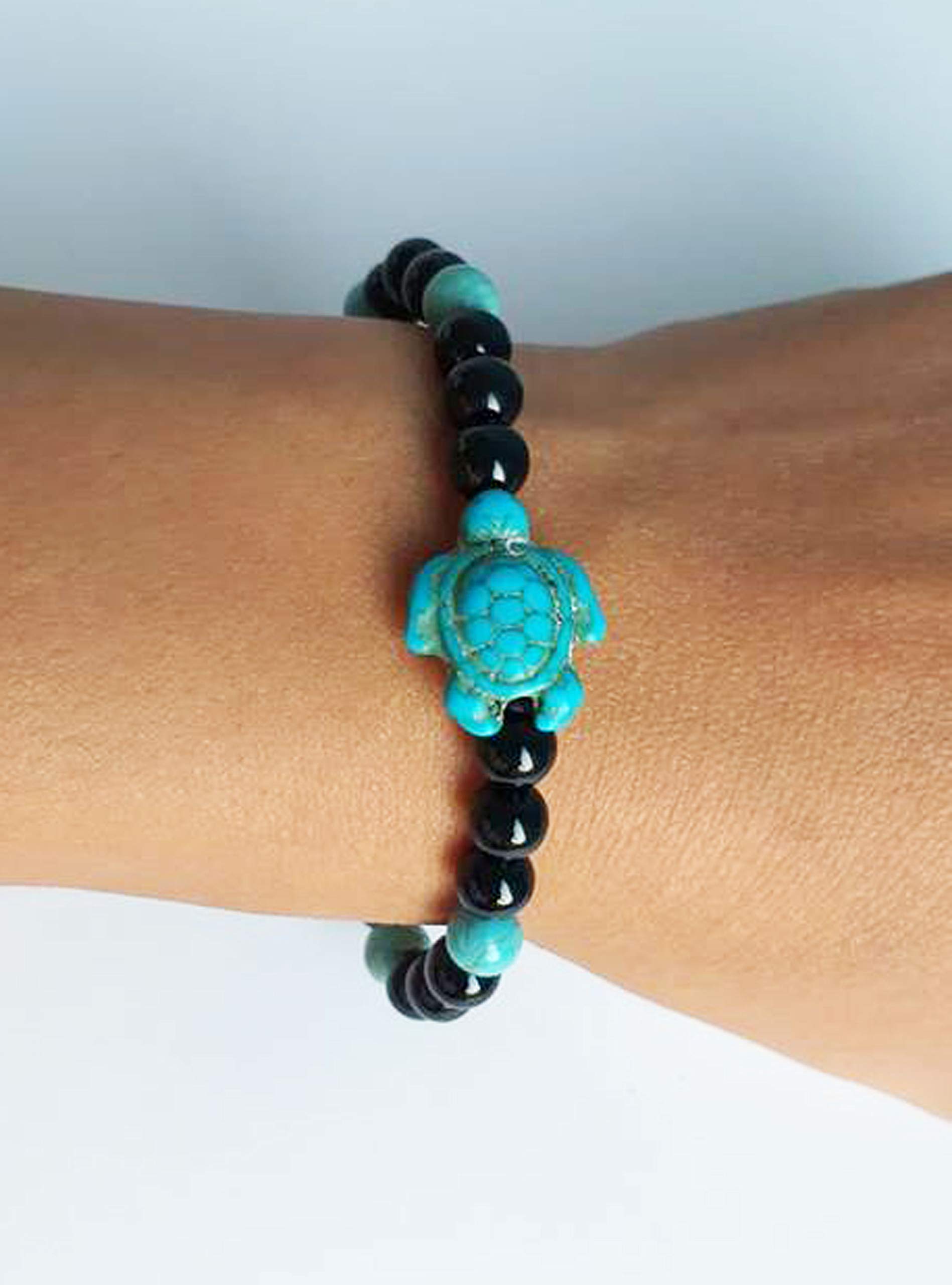 Turquoise Onyx Stretch Beaded Bracelet for Men & Women - Adjustable Black & Blue Stone Friendship Bracelet - Perfect Gift for Boys & Girls - Yoga, Meditation & Everyday Wear
