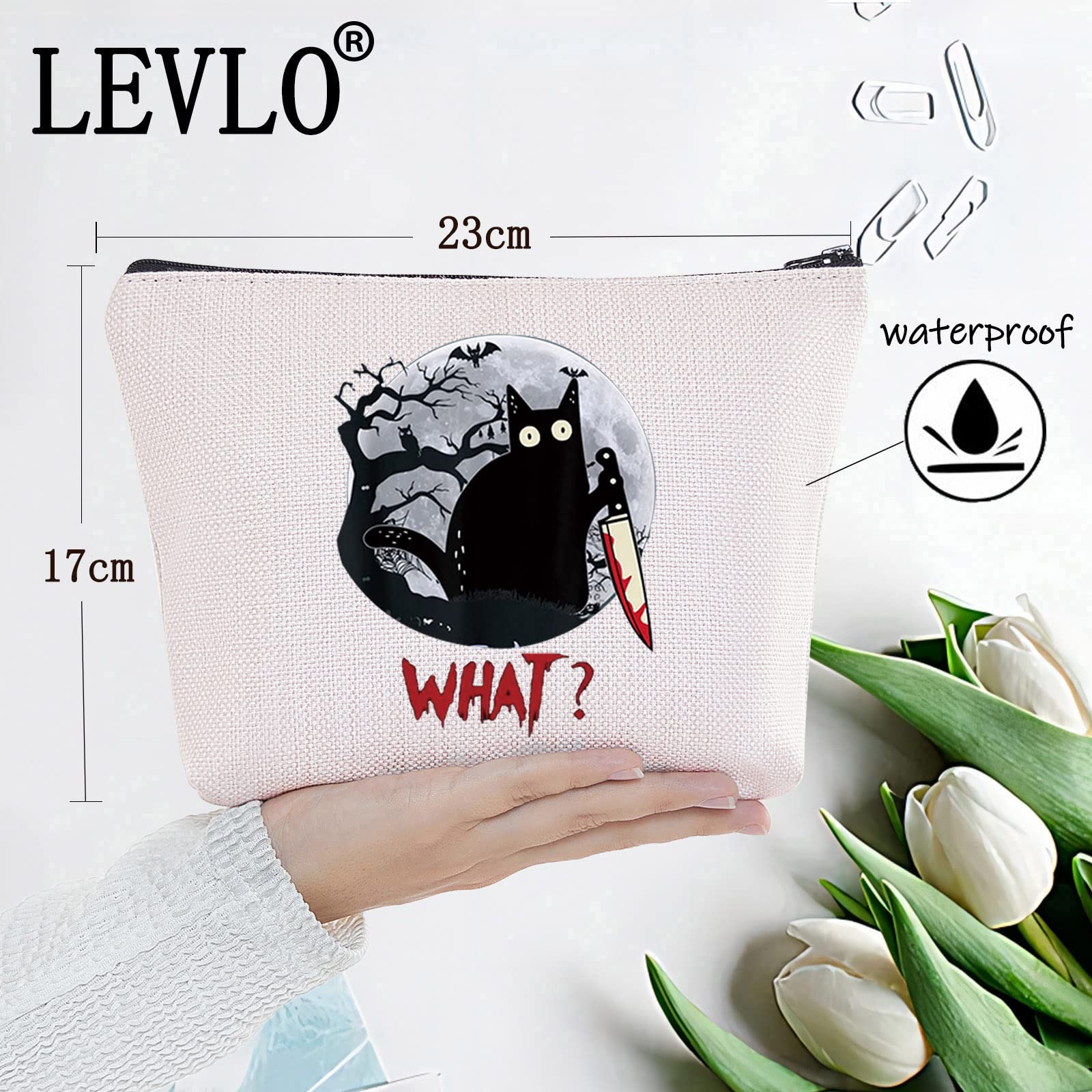 LEVLO Murderous Cat With Knife Cosmetic Makeup Bag - Cute & Spooky Zipper Pouch for Cosmetics & Travel - Perfect Halloween Gift & Unique Makeup Organizer (Great for Halloween Parties, Cosplay & Everyday Use)