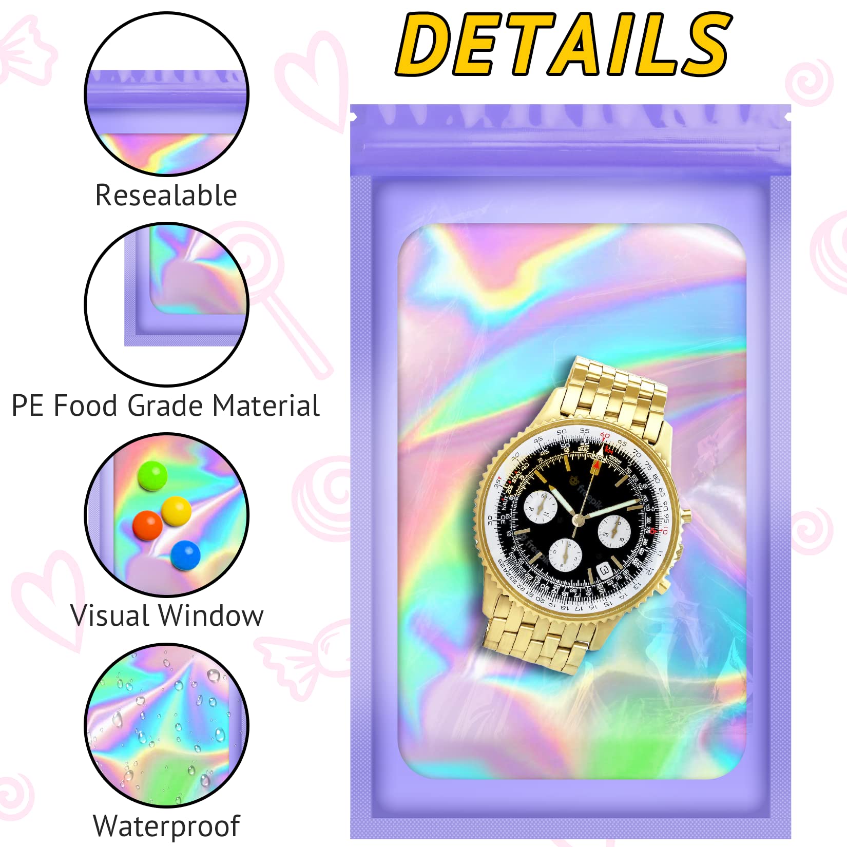 100 PCS Holographic Resealable Bags - Smell Proof Packaging for Press On Nails, Eyelashes, Jewelry & Candy | Small Business Storage Bags for Food Samples, Crafts & Party Favors | Perfect for Organizing, Gifting & Retail Display
