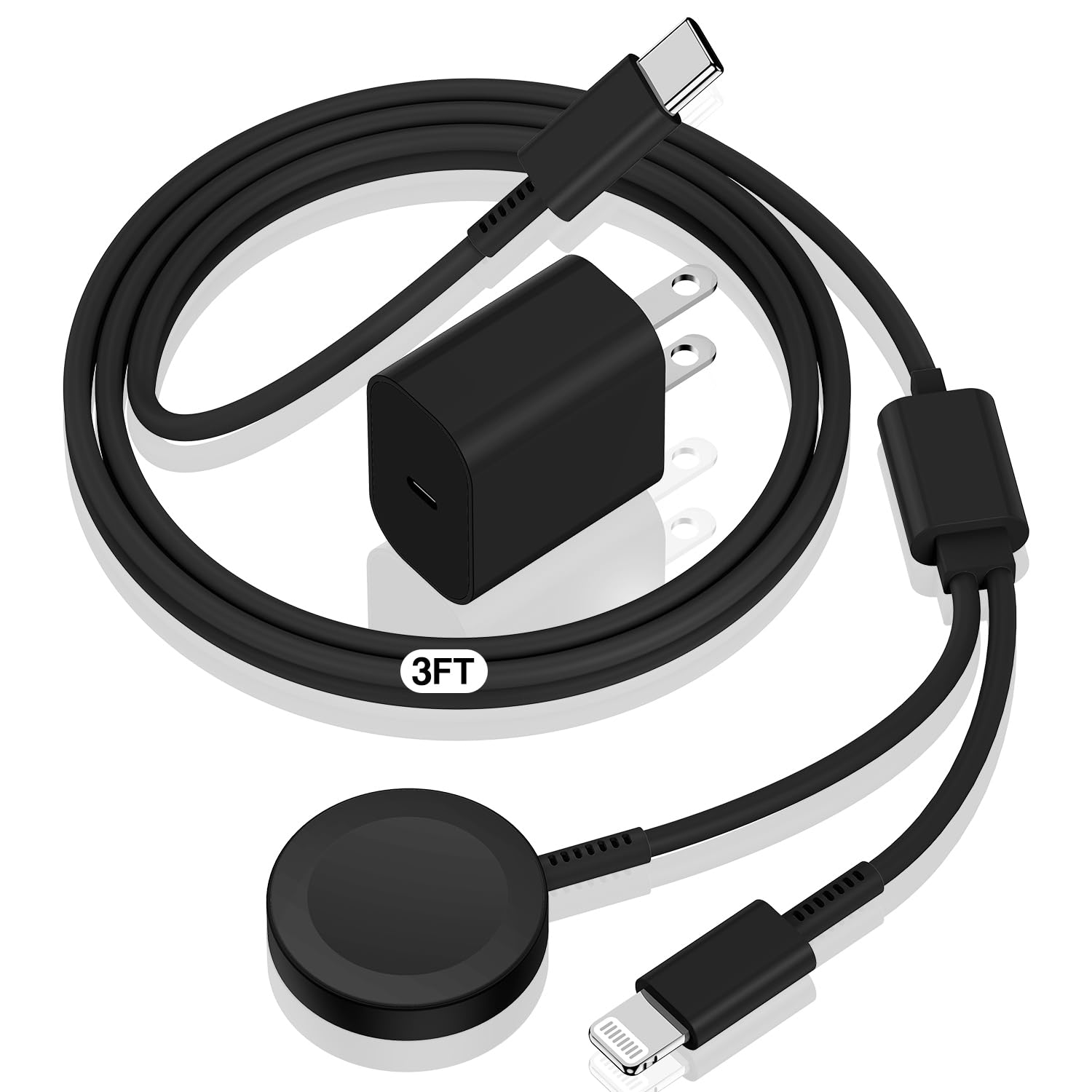 MFi Certified 2-in-1 Fast Charging Cable for Apple Watch & iPhone - 6ft USB-C Charger with 20W Power Adapter - Compatible with iWatch Series Ultra/9/8/7/6/5/4/3/SE & iPhone 14/13 (Black) - Perfect for Travel, Office & Home Charging