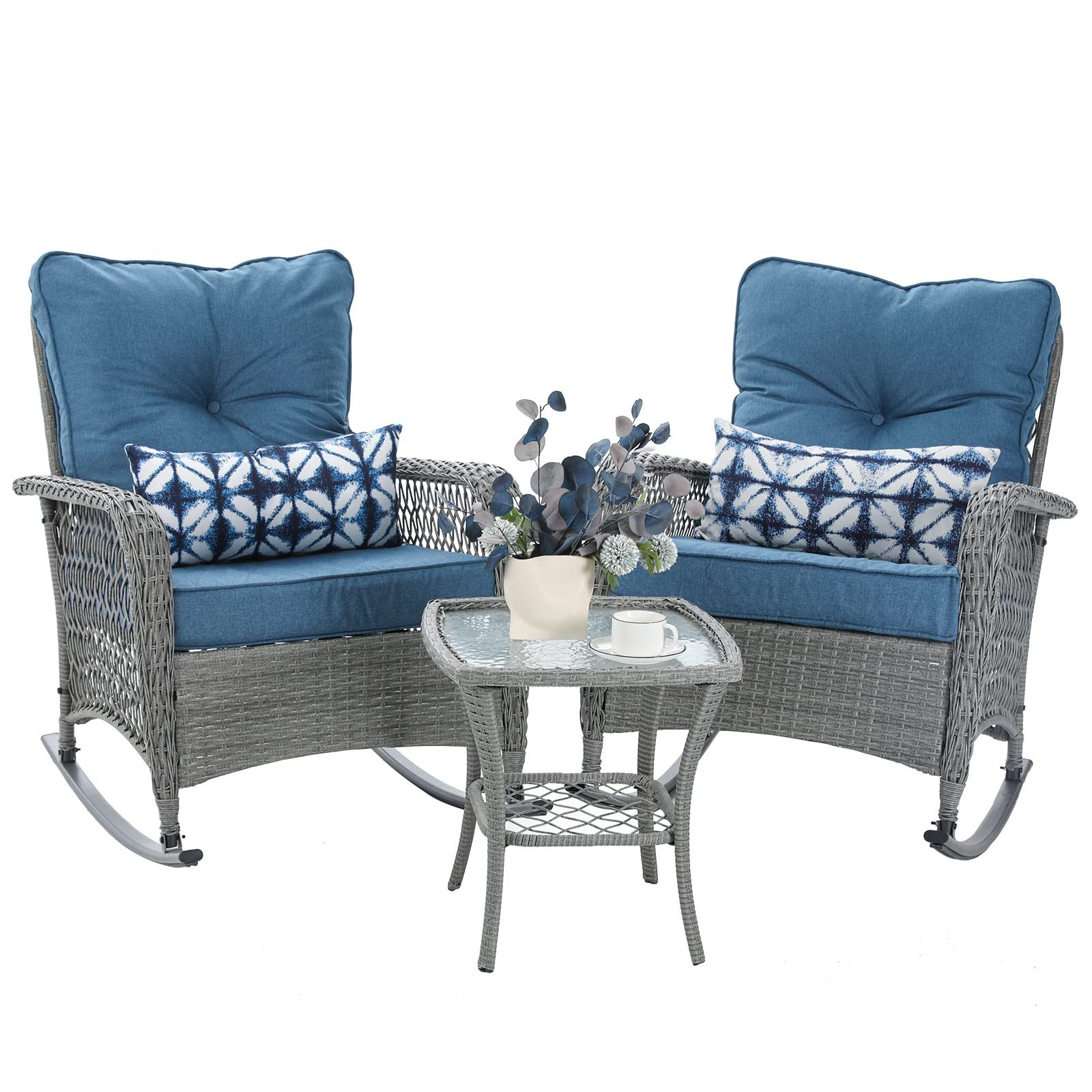 3-Piece Patio Furniture Set - Wicker Rocking Bistro Set with Thick Cushions, Outdoor Rocker Chairs & Coffee Table for Porch, Backyard or Garden (Blue) - Perfect for Relaxing, Entertaining & Outdoor Dining