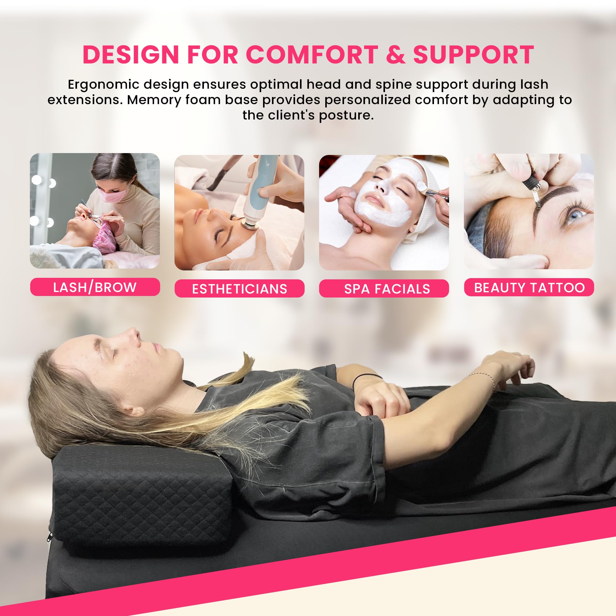 Premium Curved Memory Foam Lash Pillow for Eyelash Extensions - Ergonomic Neck & Back Support for Lash Technicians - Black Professional Lash Bed with Dual Side Tool Pockets - Perfect for Salon, Spa & Mobile Lash Services