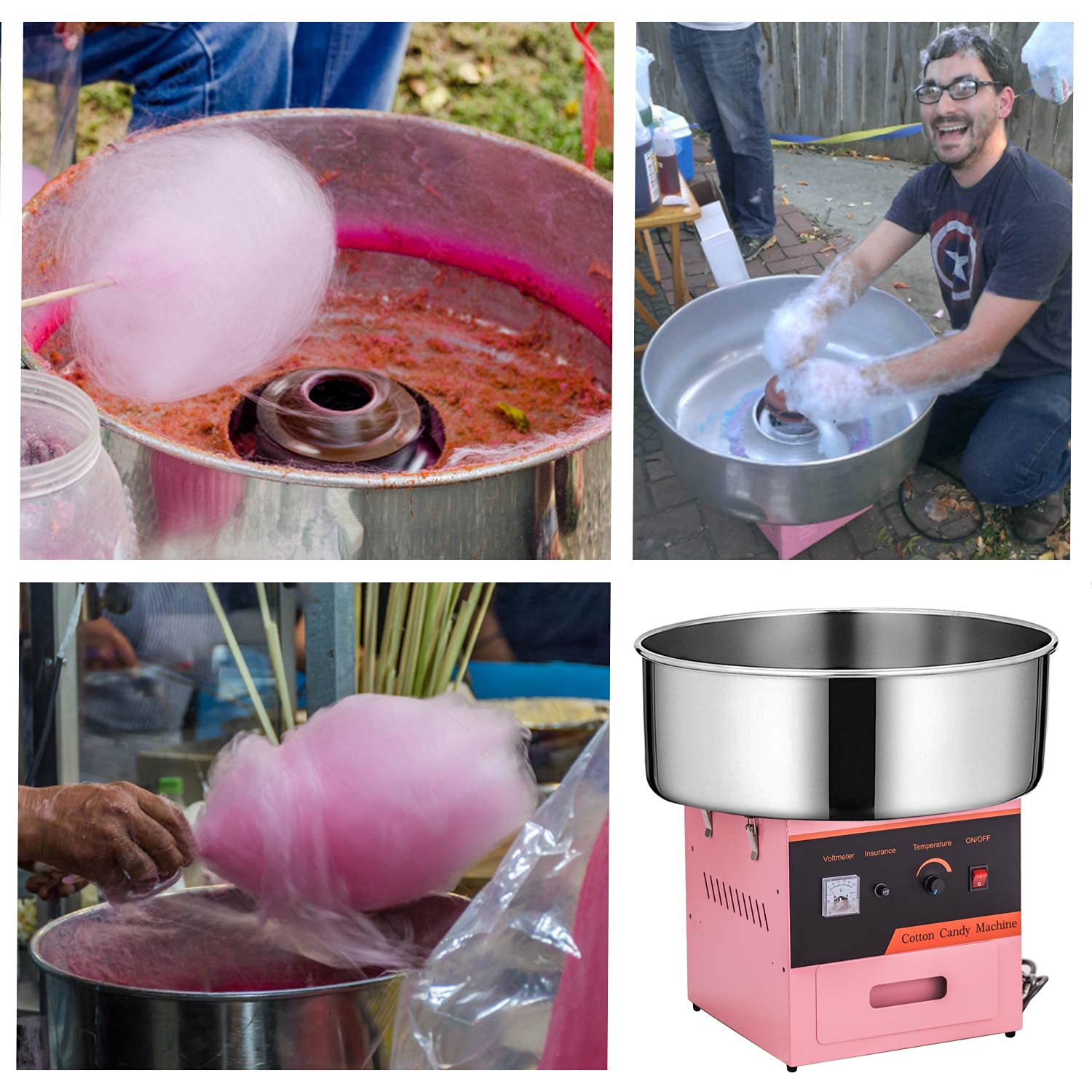 Commercial Cotton Candy Machine Electric Candy Floss Maker - 110V Pink Party Cotton Candy Maker for Birthdays, Carnivals, Fairs & Events | Perfect for Home, School, Business & Outdoor Use (Pink, No Wheels)