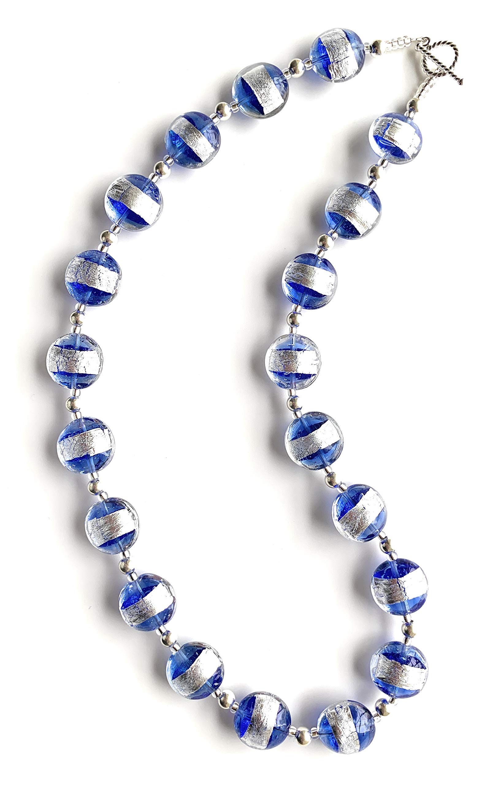 Diana Ingram Sterling Silver Necklace with Blue Translucent Murano Glass Beads – Elegant Medium Lentil Beads for Women | Perfect for Weddings, Parties & Everyday Wear