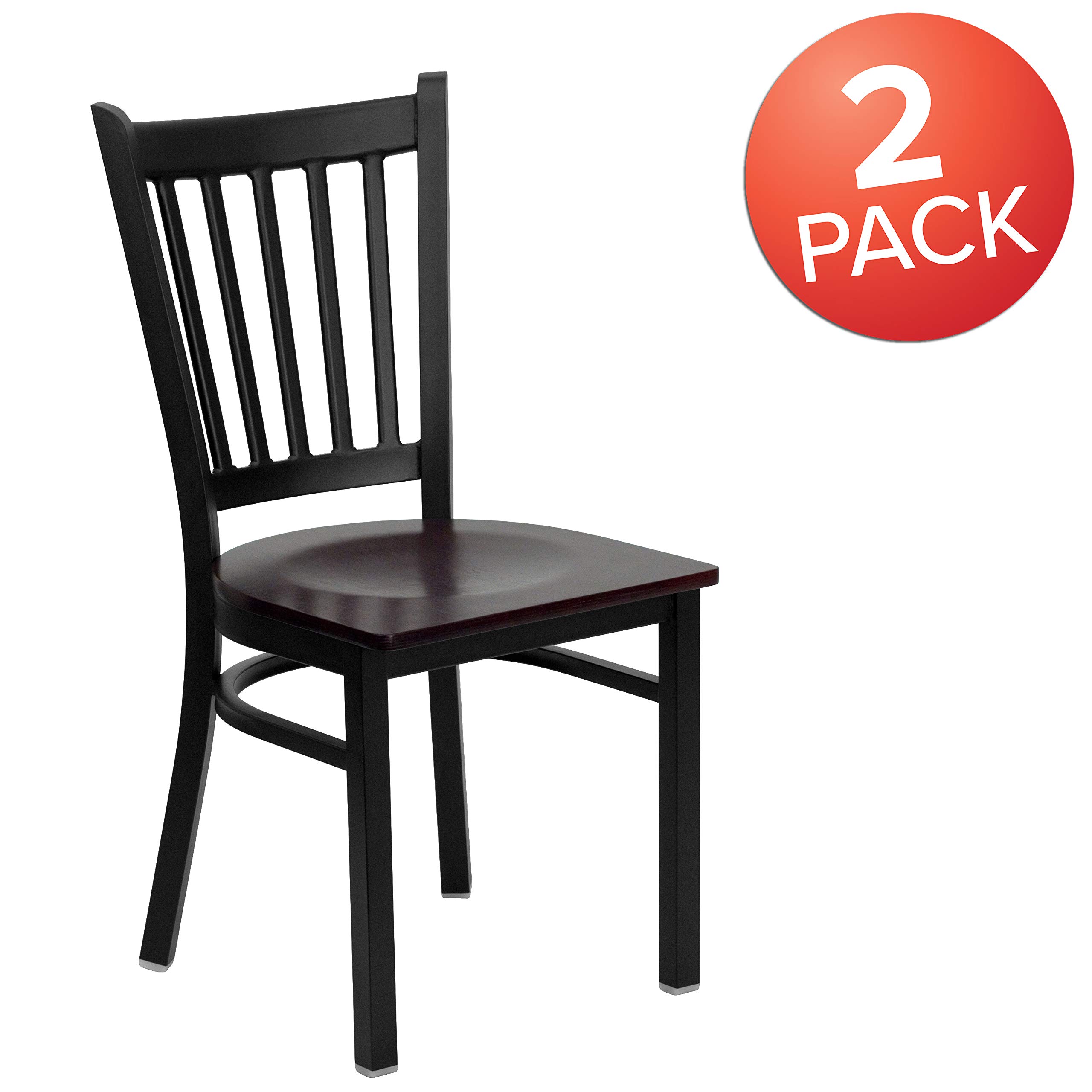 2 Pack Black Vertical Back Metal Restaurant Chairs with Mahogany Wood Seat - Durable & Stylish Dining Chairs for Restaurants, Cafes, and Home Kitchens