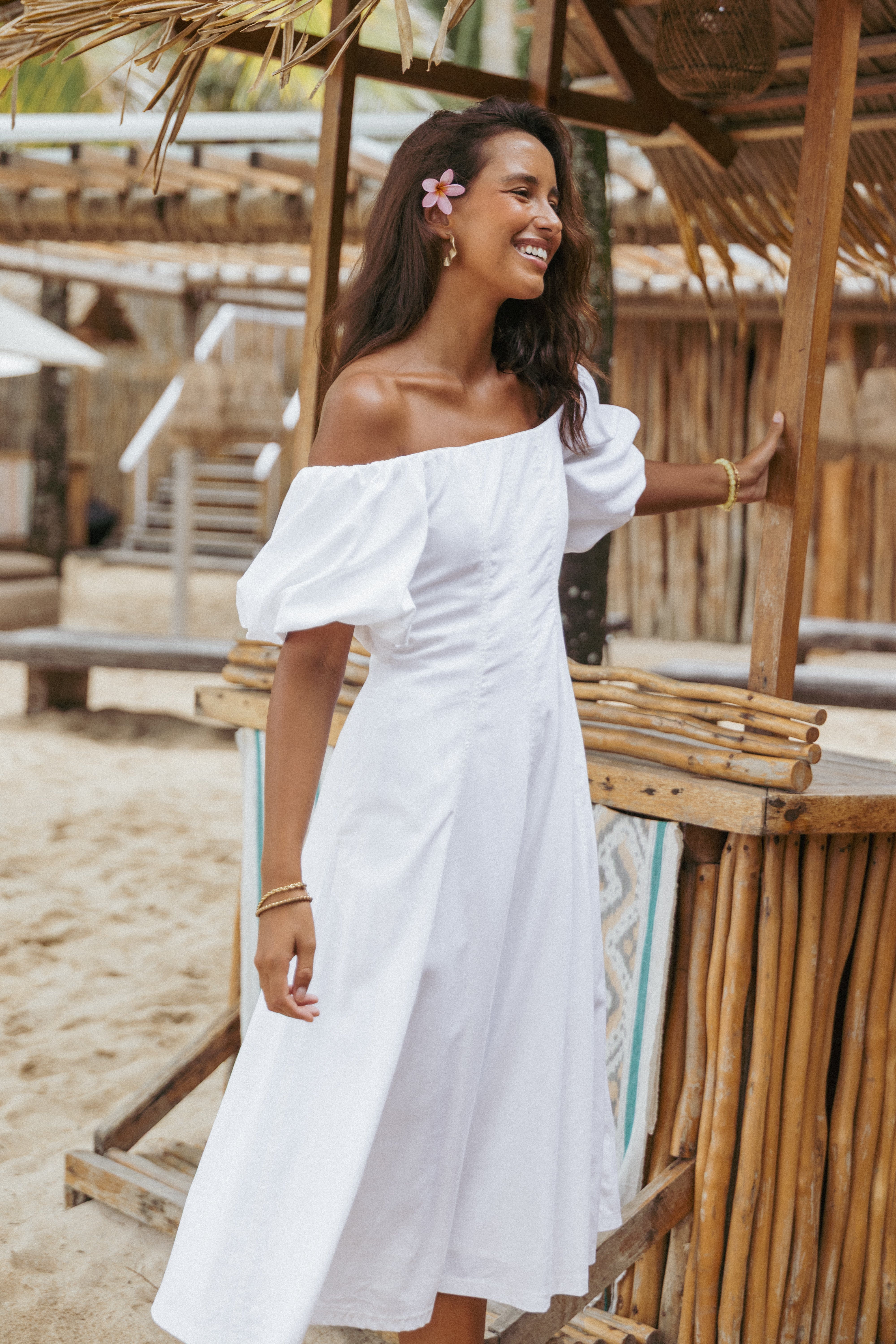 Jensen Off Shoulder Midi Dress Ivory - Elegant Flowy Summer Dress for Women, Perfect for Beach Vacations, Date Nights & Special Occasions
