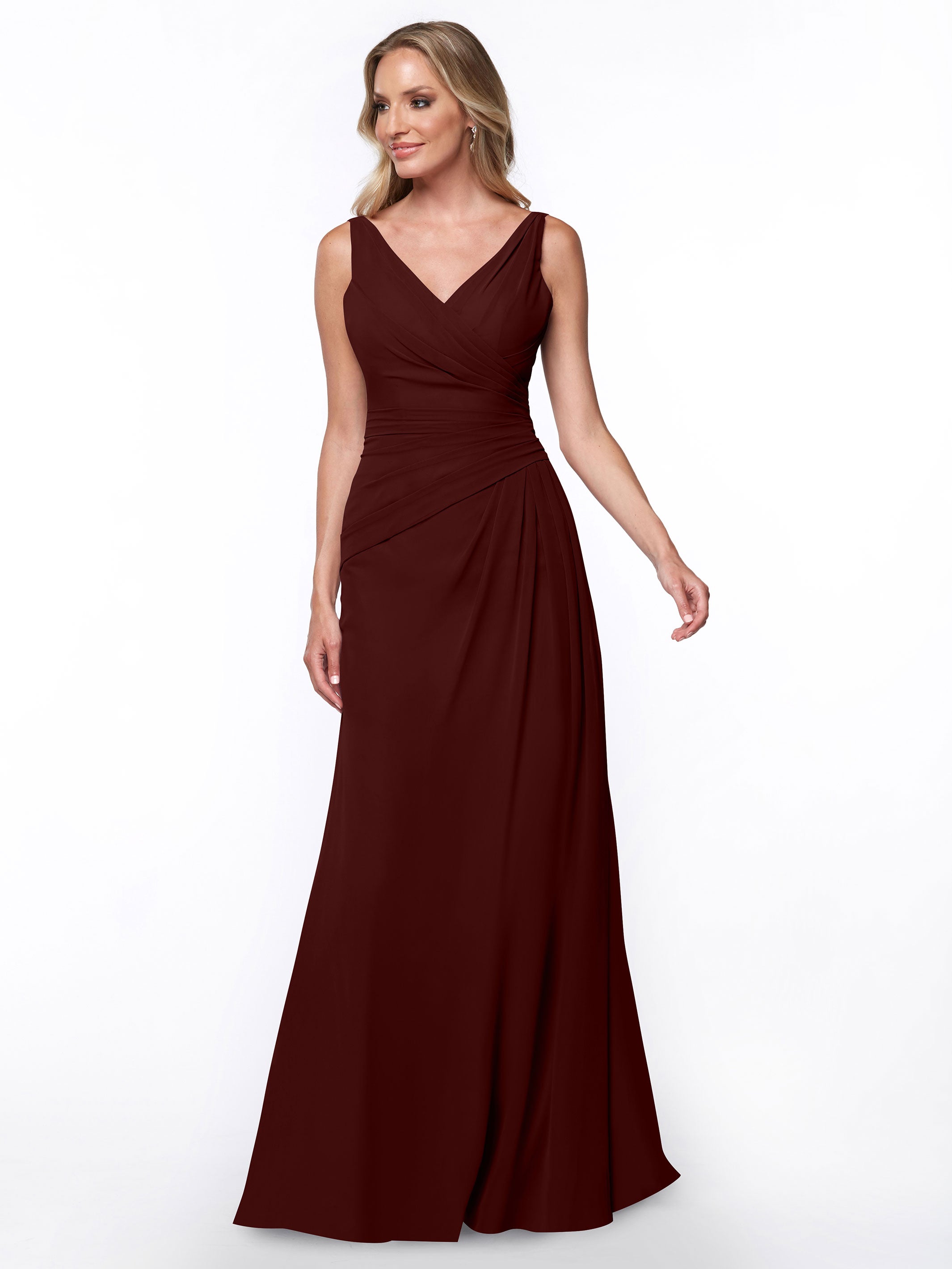Elegant 80030 Chiffon Sheath Bridesmaid Dress with Ruching V-Neck Bodice - Perfect for Weddings, Formal Events & Special Occasions