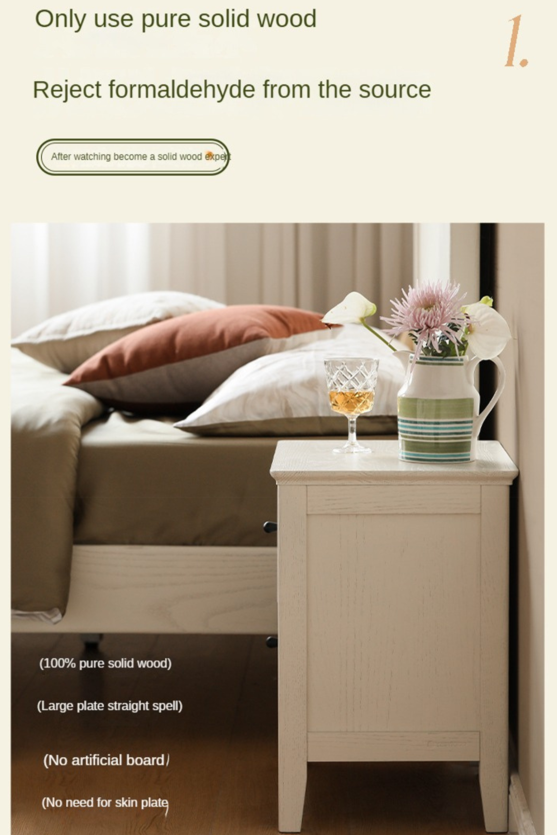 Solid Oak Wood Nightstand - Cream Finish, American Style Bedside Table for Bedroom Decor & Storage