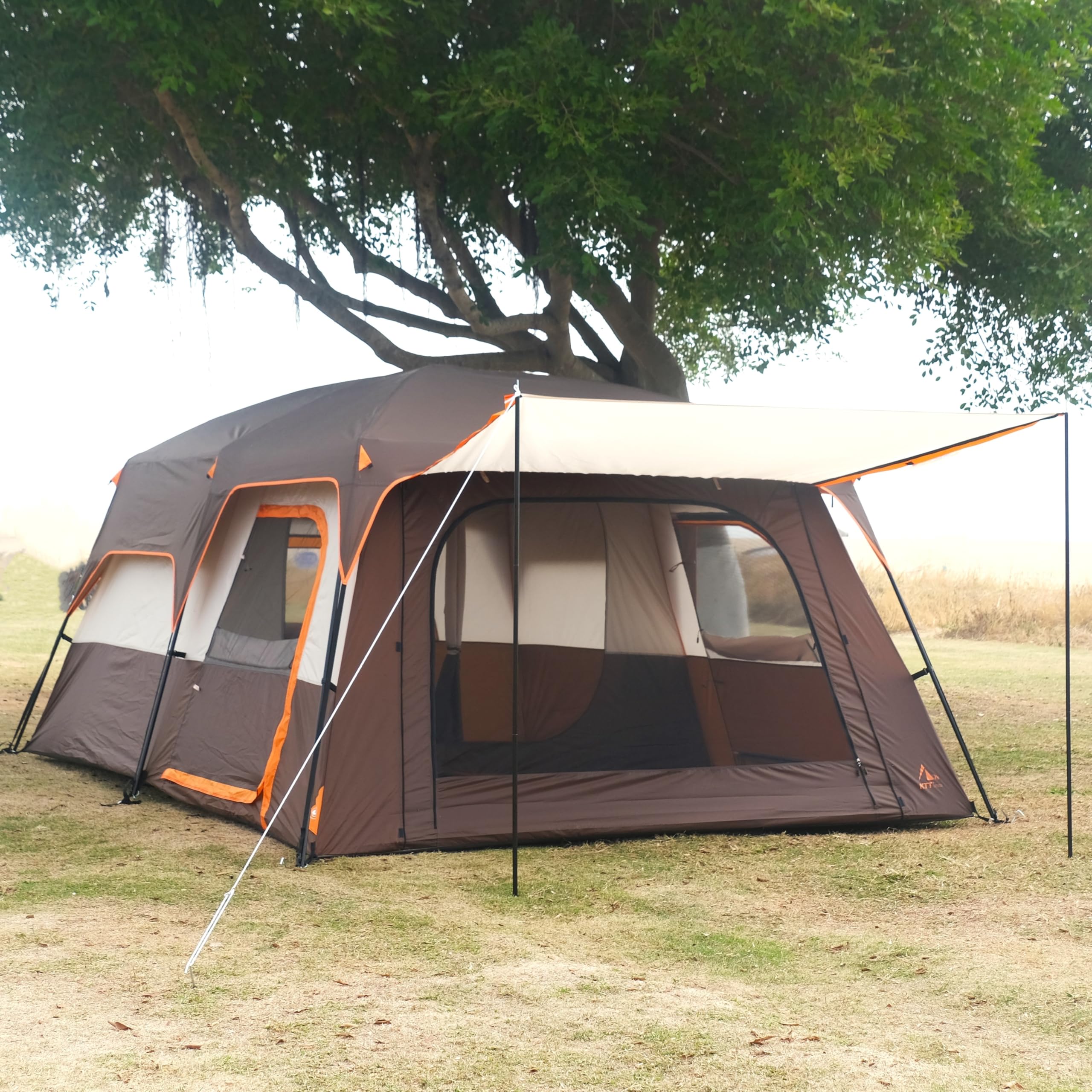 KTT Extra Large Family Cabin Tent for 10-12-14 People - 2 Rooms, 3 Doors & 3 Windows with Mesh, Straight Wall Design, Waterproof Double Layer - Perfect for Camping, Picnics, Outdoor Adventures & Family Gatherings