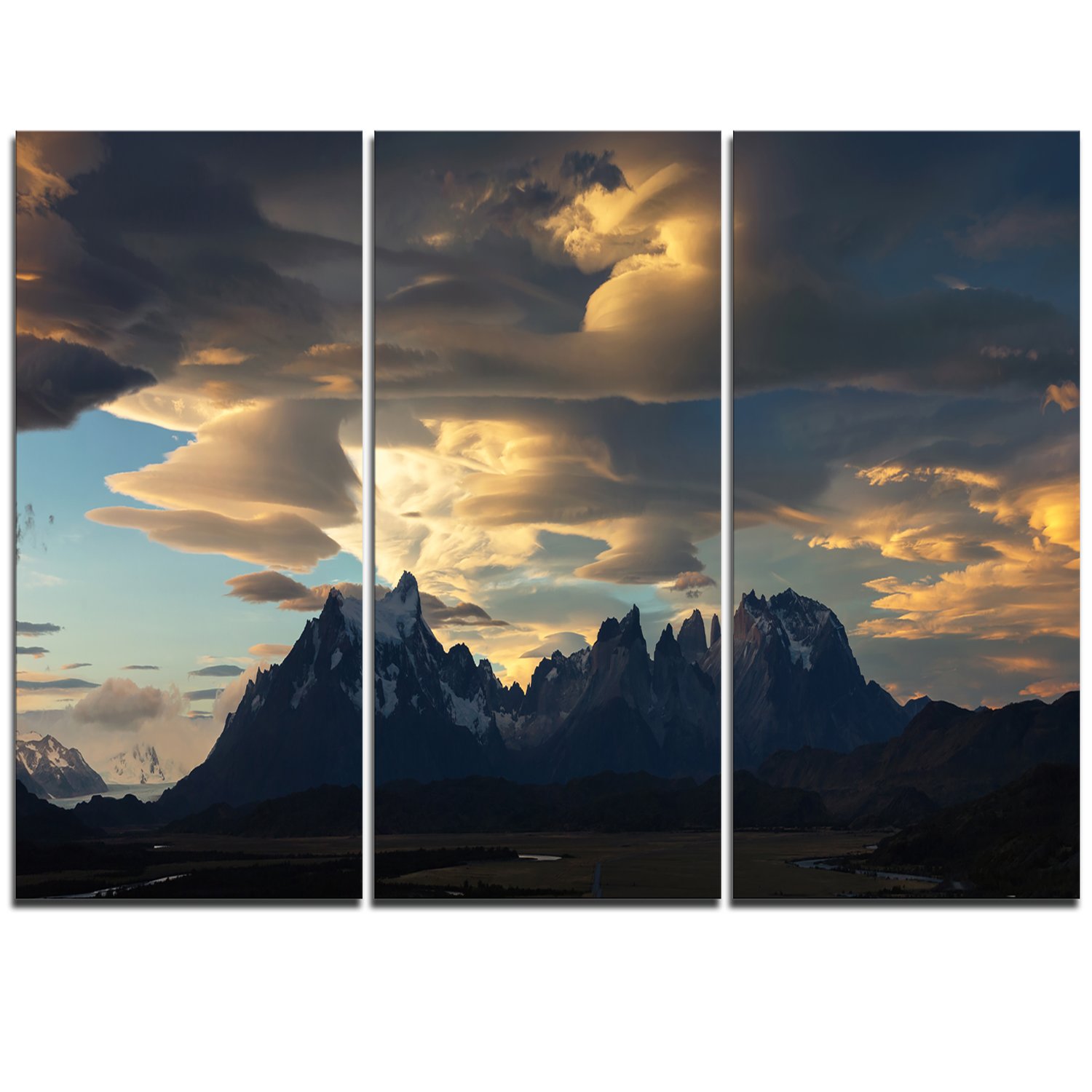 Designart MT11665-3P Torres del Paine National Park Landscape Metal Wall Art - 3 Panel Blue Wall Decor (36x28 Inches) for Living Room, Bedroom & Office