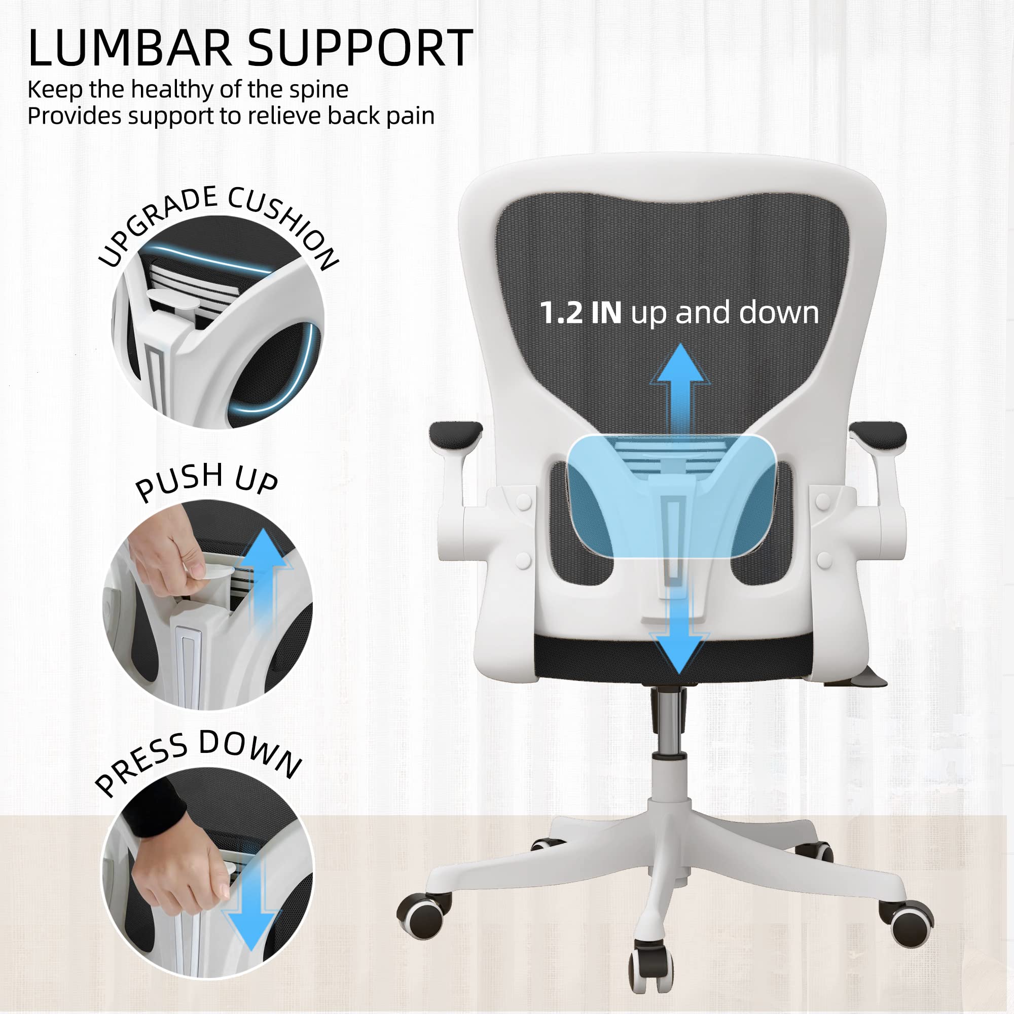 Monhey Ergonomic Office Chair with Lumbar Support - High Back Mesh Computer Desk Chair with Flip-Up Arms, Swivel & Rocking Function - White Frame & Black Mesh - Perfect for Home Office, Study & Workspace