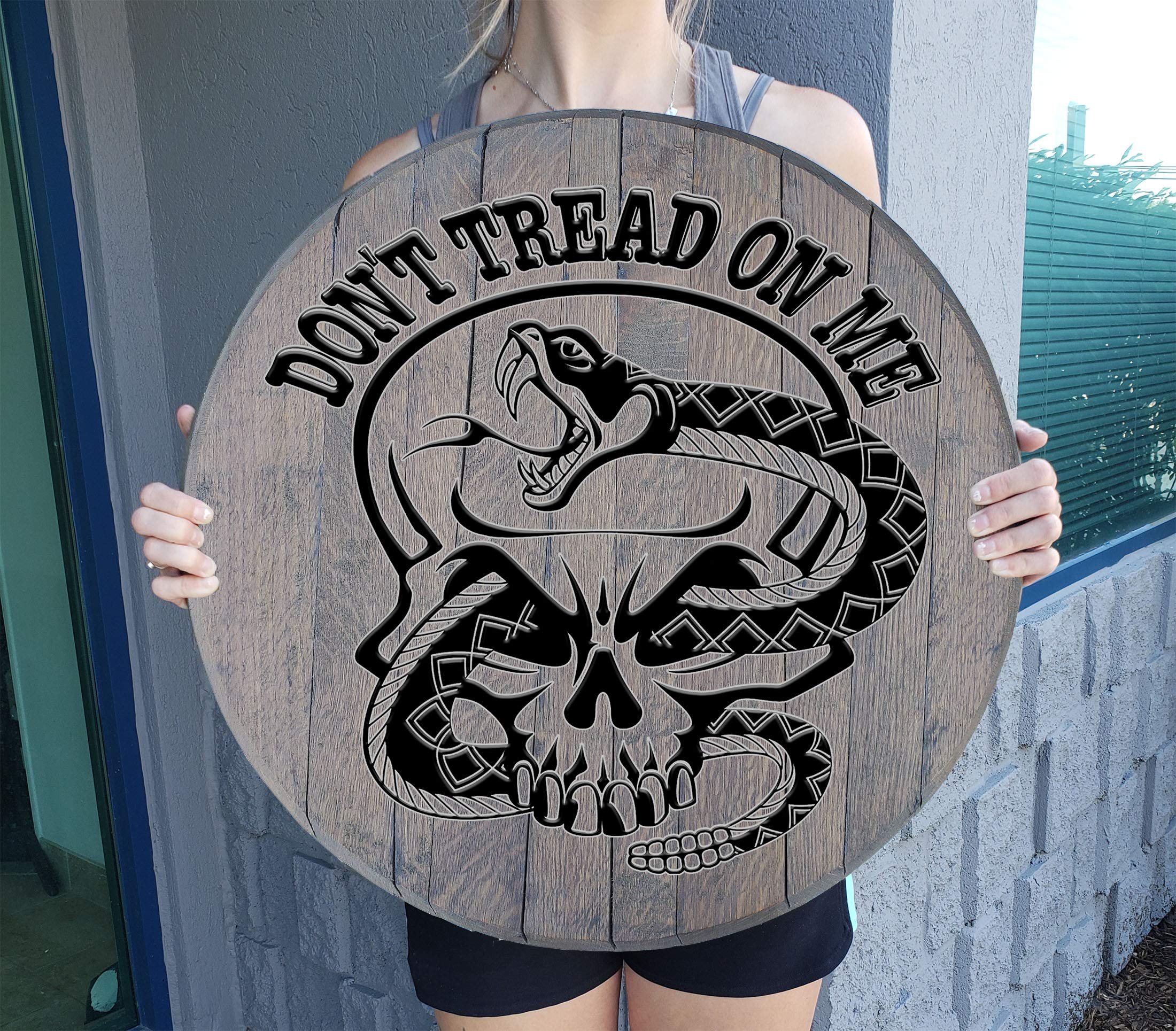 RWD Don't Tread On Me Snake Skull Rustic Wood Wall Art - Distressed Barnwood Gray Whiskey Barrel Lid Decor for Man Cave, Bar, Basement & Hunting Lodge