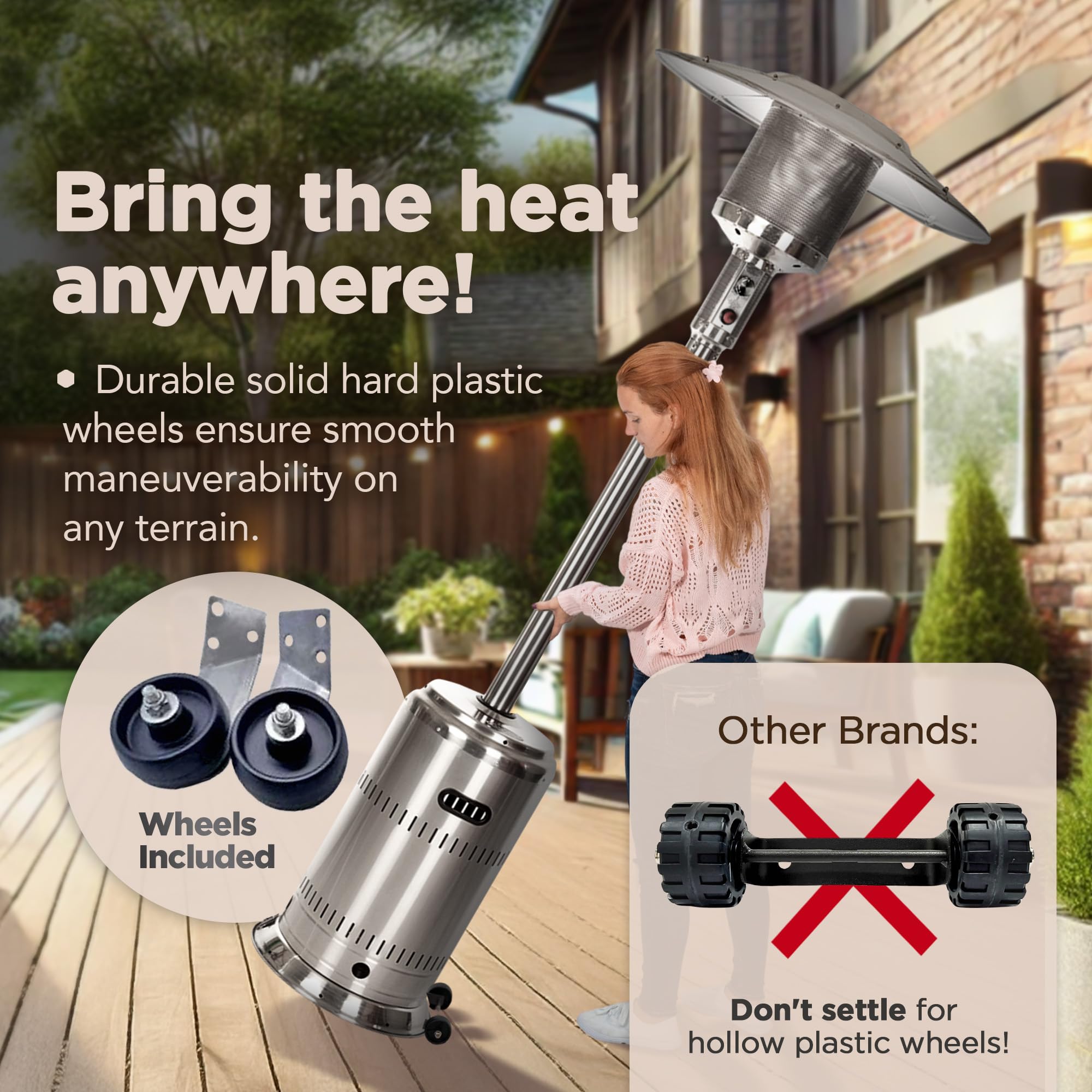 Fire Sense 01775 50,000 BTU Stainless Steel Patio Heater with Wheels & Electronic Ignition - Portable Outdoor Propane Heater for Backyard, Deck, Restaurant & Garden Parties