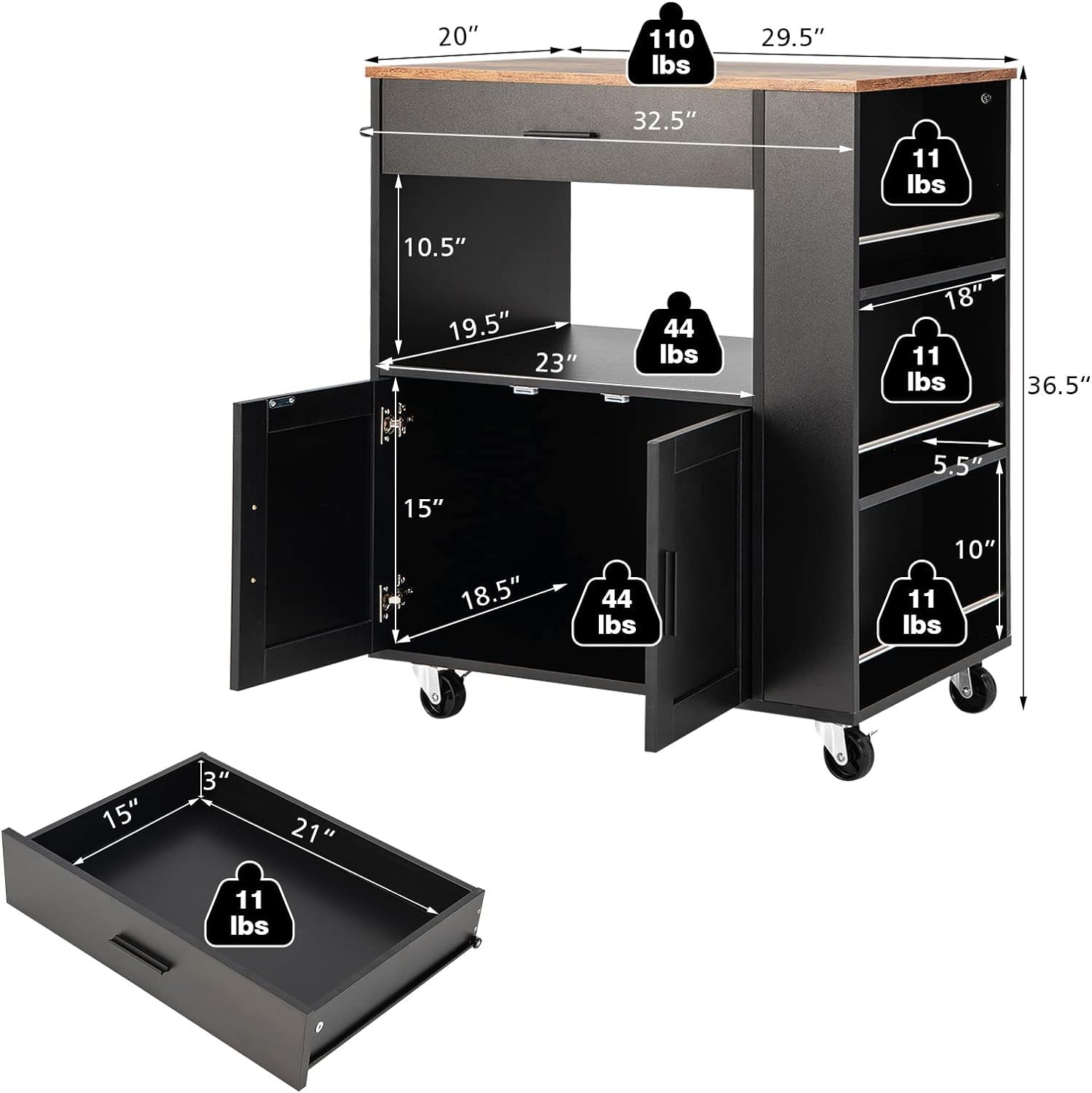 LOKO Mobile Kitchen Island Cart with Lockable Wheels, Towel Rack & Spice Rack - 32.5