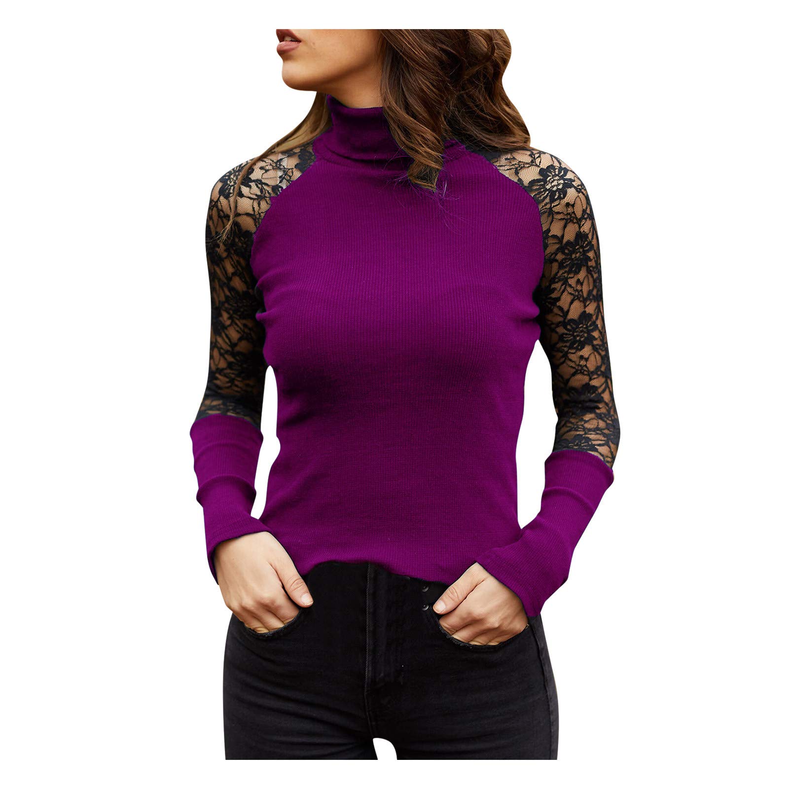 Women's Fashion Cotton Turtleneck Long Sleeve T-Shirt - Casual Lace Blouse & Sweatshirt for Everyday Wear | Office, Dating & Fall Outfits