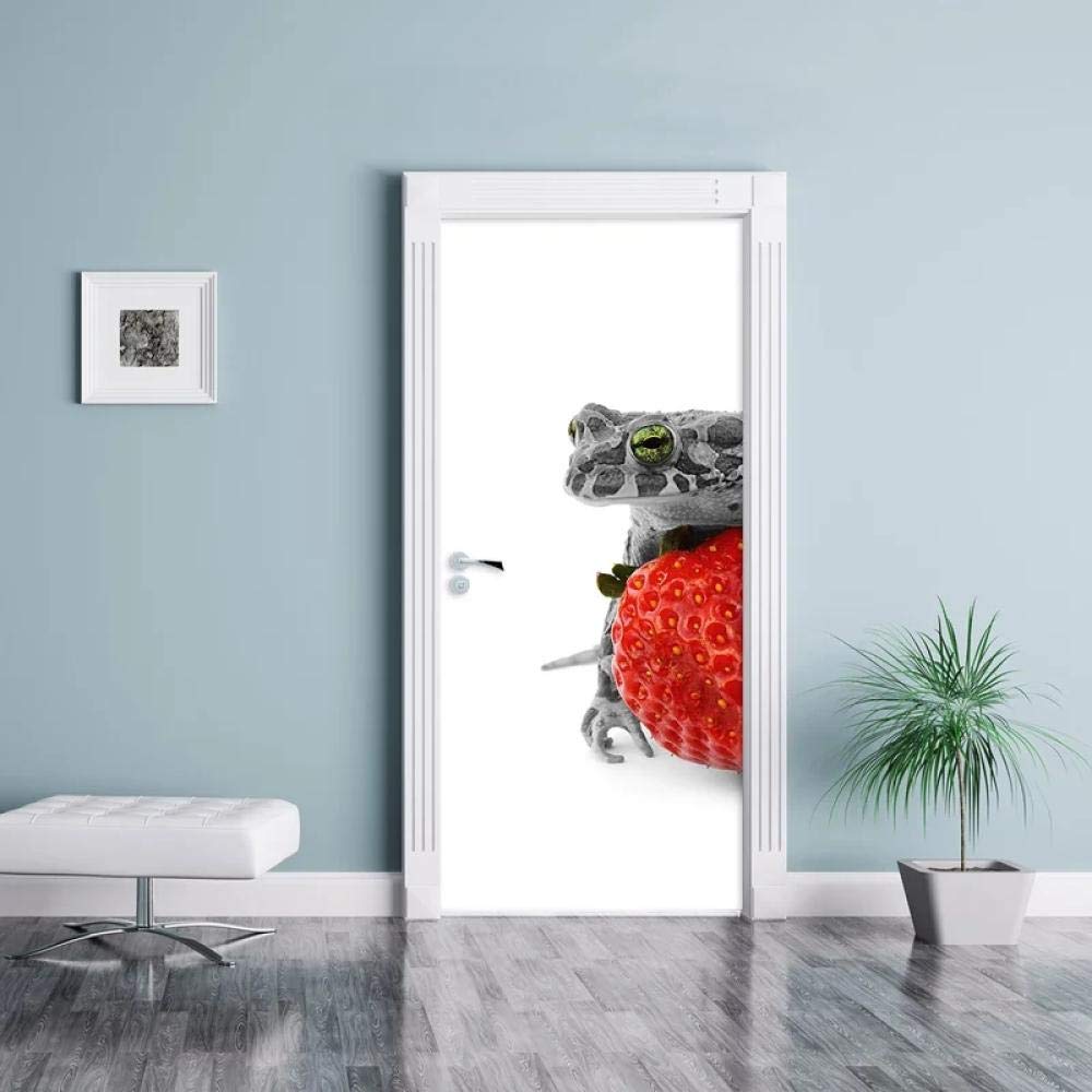 3D Door Stickers Poster - Frog & Strawberry PVC Decal for Home Decor - Cute Red 3D Wall Art for Kids Room, Bedroom, Living Room, Office Decoration