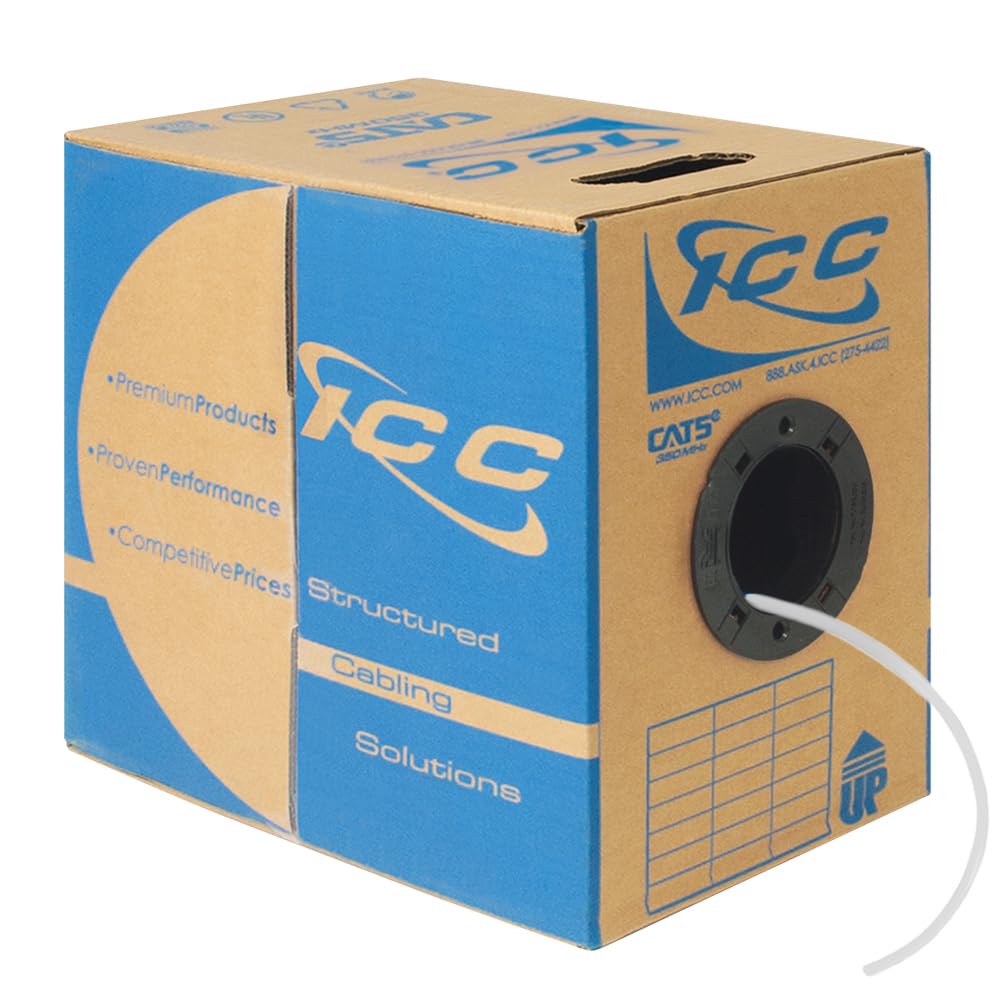 ICC Cat5e CMP Plenum 1000ft UTP 24AWG Solid Pure Copper Ethernet Cable | UL Certified True Plenum | PoE++ 350MHz | Reelex No Tangle Pull Box | Made in USA | NEC Compliant | White | Ideal for Office Networks, Data Centers & Commercial Wiring