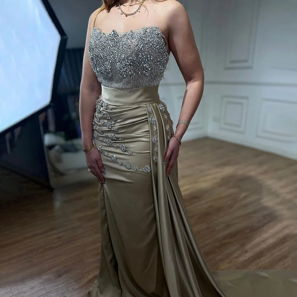 Elegant Strapless Mermaid Evening Gown with High Split & Skirt - Crystal Beaded Nude Prom Dress for Women | Perfect for Parties, Galas & Formal Events 2025 LA72135
