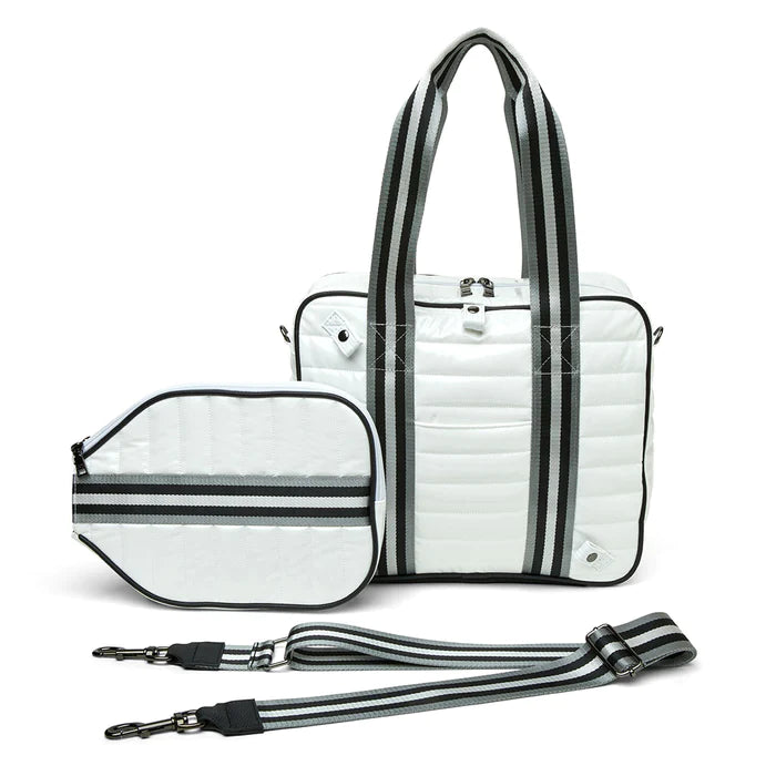 Think Royln Sporty Spice Pickleball Bag - White Patent Leather | Premium Paddle Tennis Accessories for Women & Men | Perfect for Tournaments, Gym & Outdoor Play