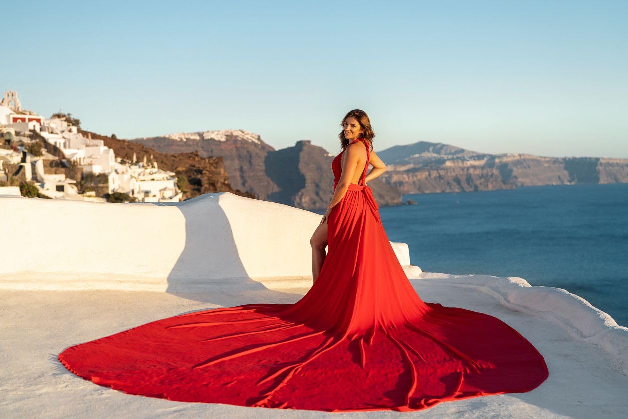 Elegant Long Satin Flying Dress with Train for Women - Perfect for Photoshoots, Baby Showers & Santorini Vacations | Flowy Maxi Dress for Special Occasions & Beach Weddings
