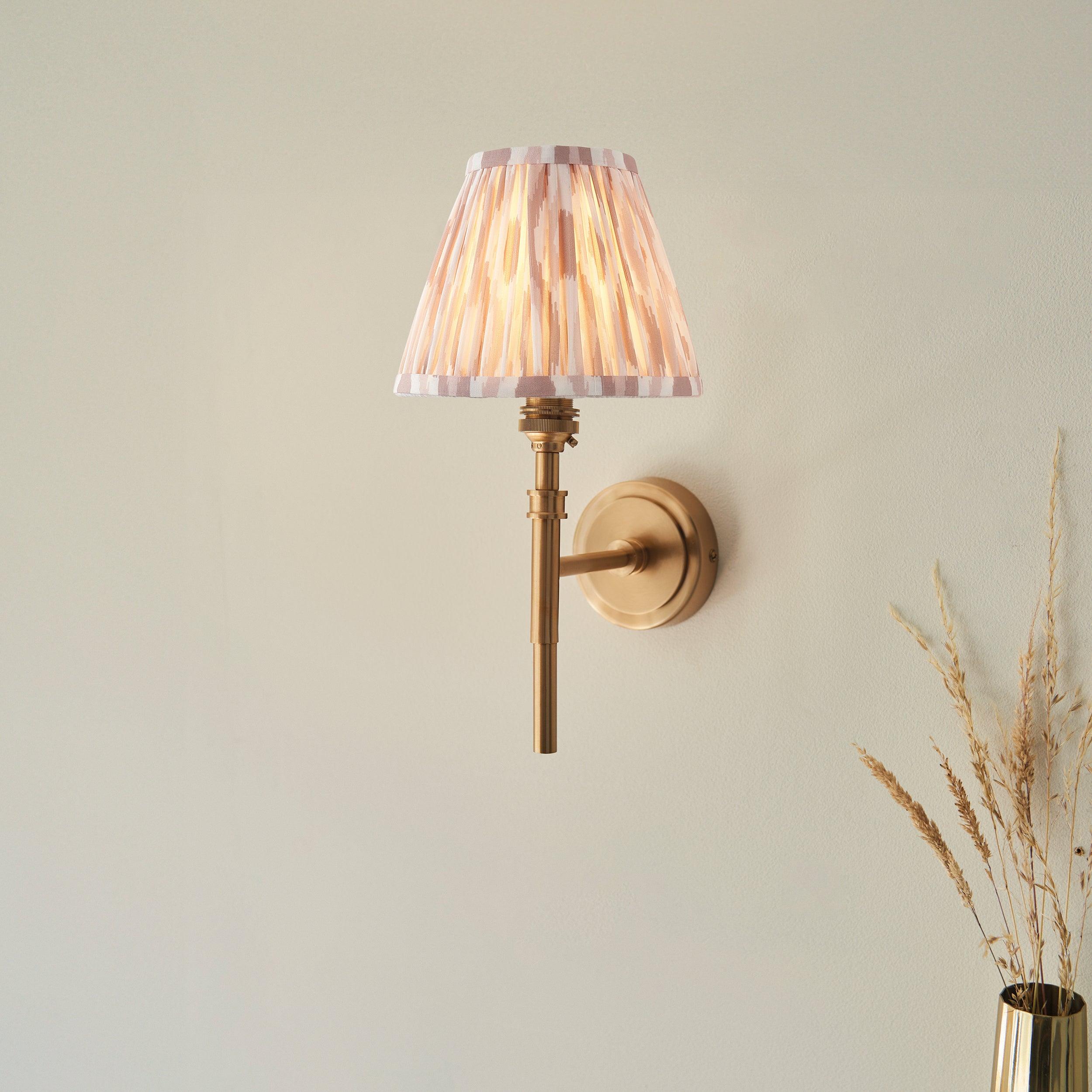 Chester Brass Wall Light with Neutral Ikat 16cm Shade - Elegant Sconce for Bedroom, Hallway & Living Room Lighting