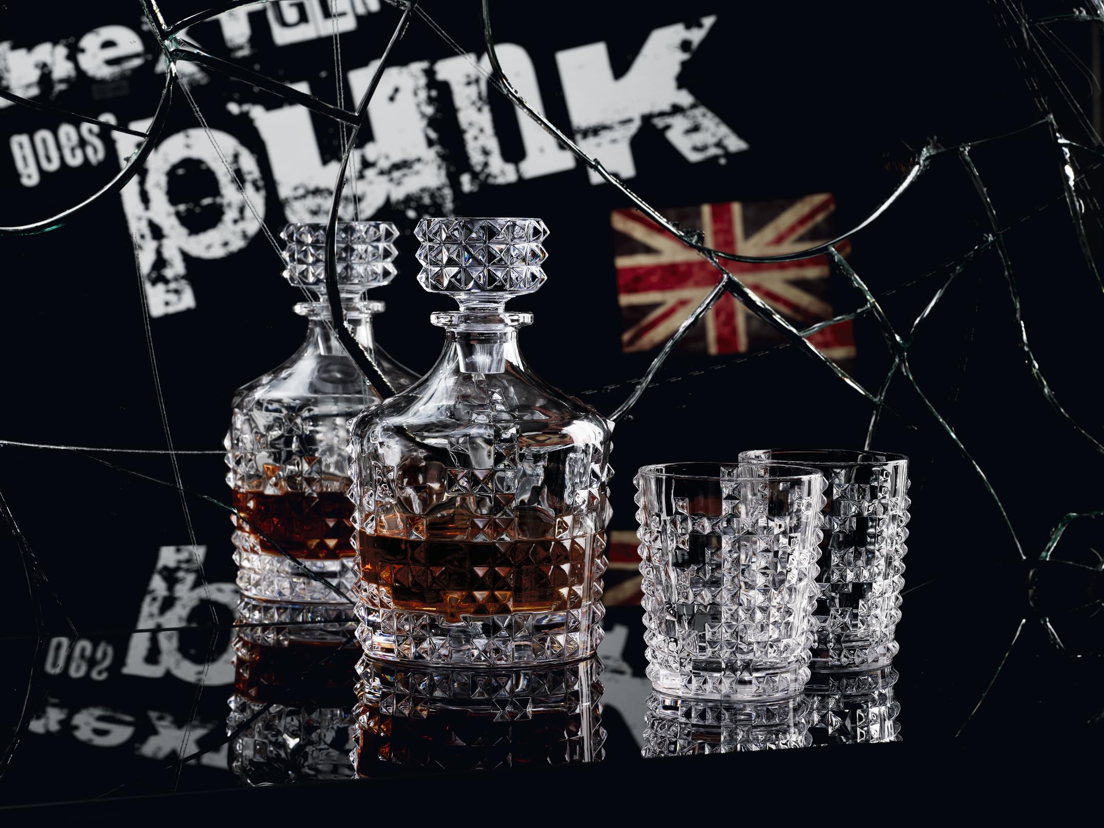 Nachtmann Punk 25 Oz Whiskey Decanter & 12 Oz Crystal Tumbler Set (3-Piece) - Airtight Glass Decanter with Stopper for Bourbon, Scotch, Wine - Modern Durable Barware Gift Set - Perfect for Home Bars, Dinner Parties & Gifting