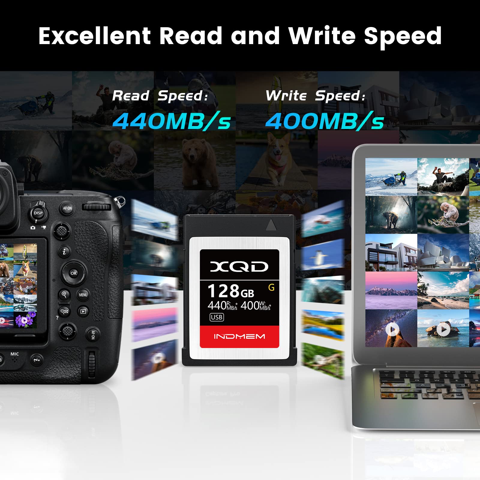 INDMEM XQD 128GB Memory Card - 5X Tough MLC XQD Flash Card with 440MB/s Read & 400MB/s Write Speed | High Performance for Professional Photography & 4K Video Recording