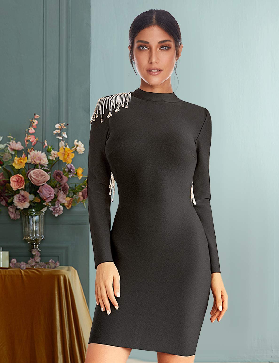 Meilun Women's Long Sleeve Bandage Bodycon Dress with Beaded Tassel Details - Winter Party Dress for Club, Evening Events & Holiday Gatherings