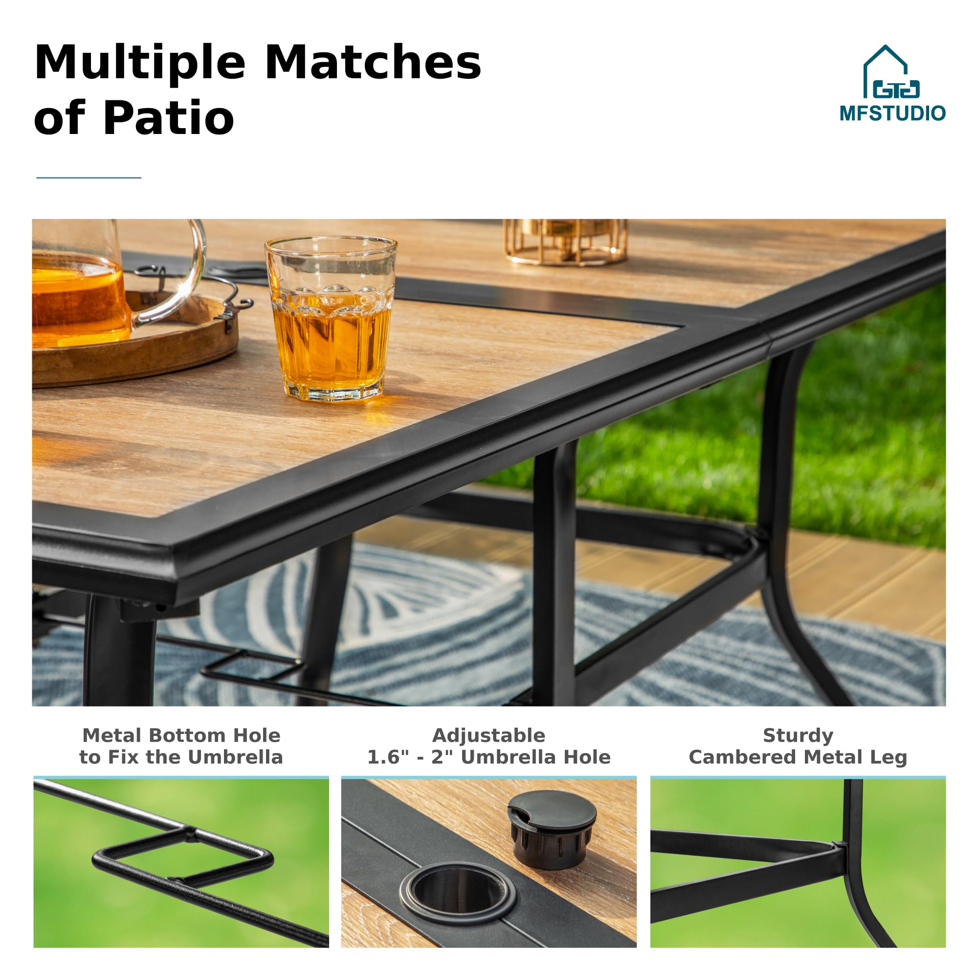 MFSTUDIO 6-Person Outdoor Patio Dining Table - Rectangular Metal Frame with Weather-Resistant Wood-Look Top - Perfect for Backyard, Deck, Garden & Poolside Dining with Umbrella Hole