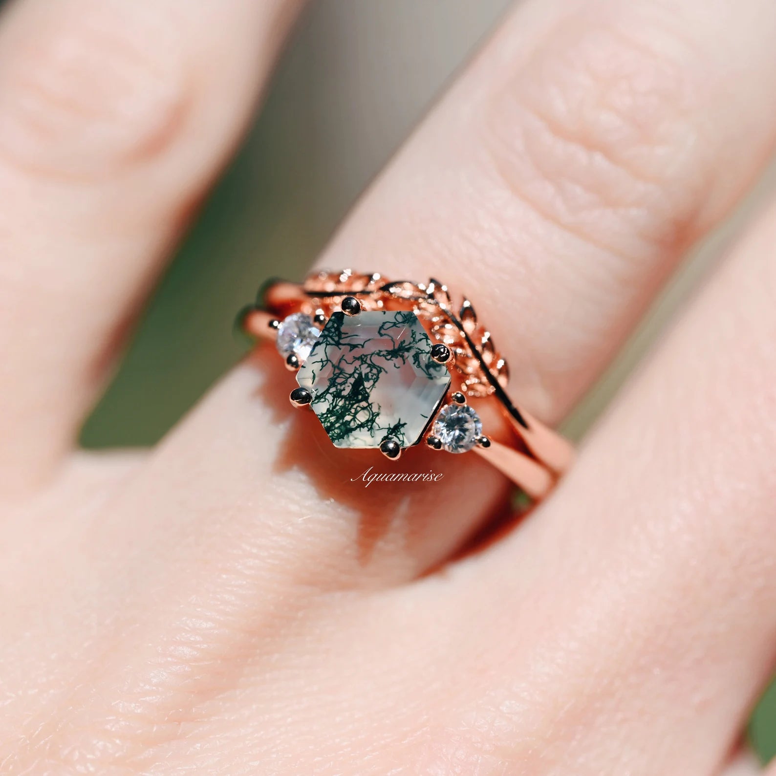 Natural Hexagon Moss Agate Engagement Ring Set - 14K Rose Gold Vermeil Wedding Band for Women, Perfect for Proposals, Anniversaries & Bridal Jewelry Gifts