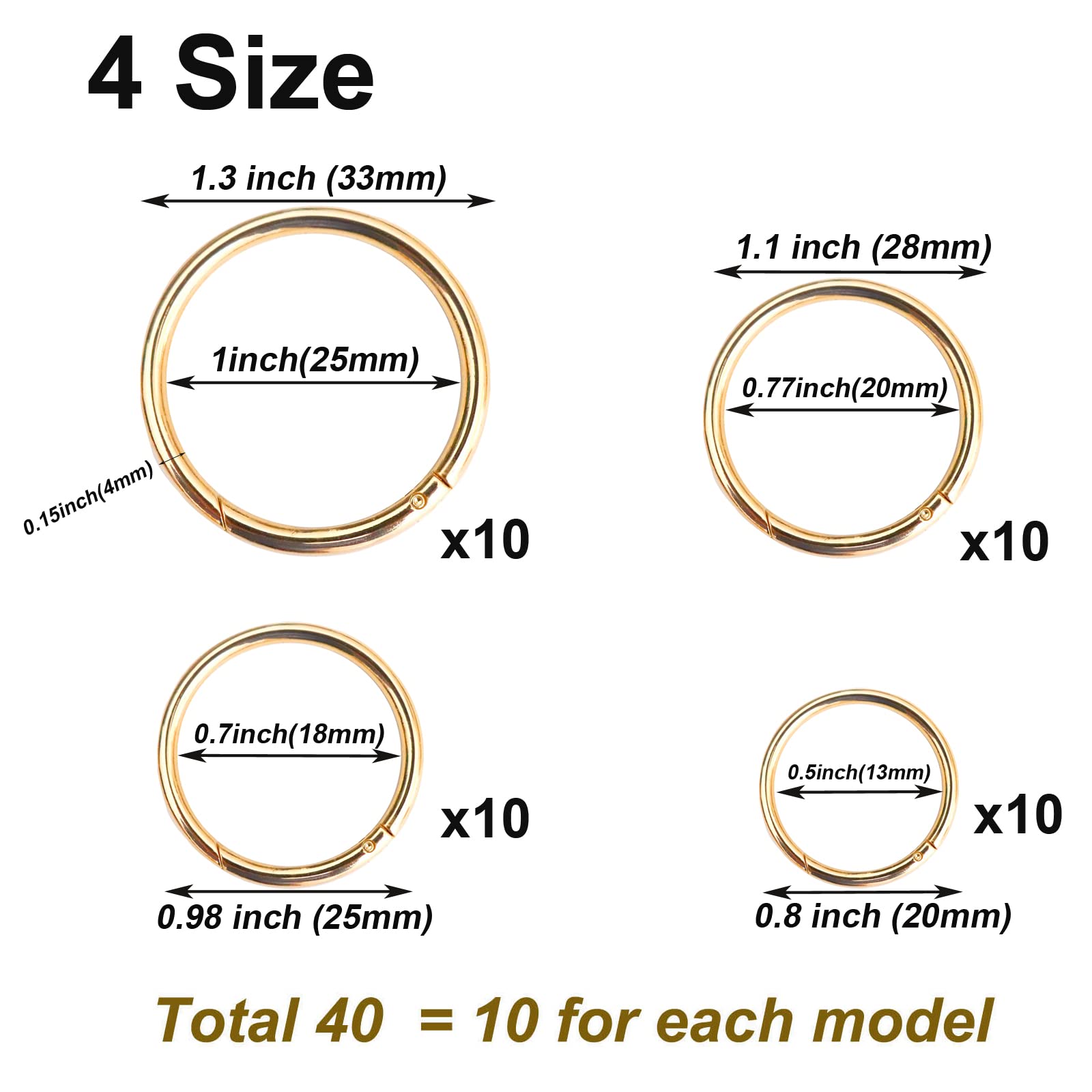 40-Piece Zinc Alloy Spring Clip O-Ring Set - 4 Sizes (0.8, 0.98, 1.1, 1.3 Inch) Gold Round Carabiner Snap Hook Key Rings - Perfect for Handbags, Dog Leashes, DIY Crafts & Outdoor Gear Accessories