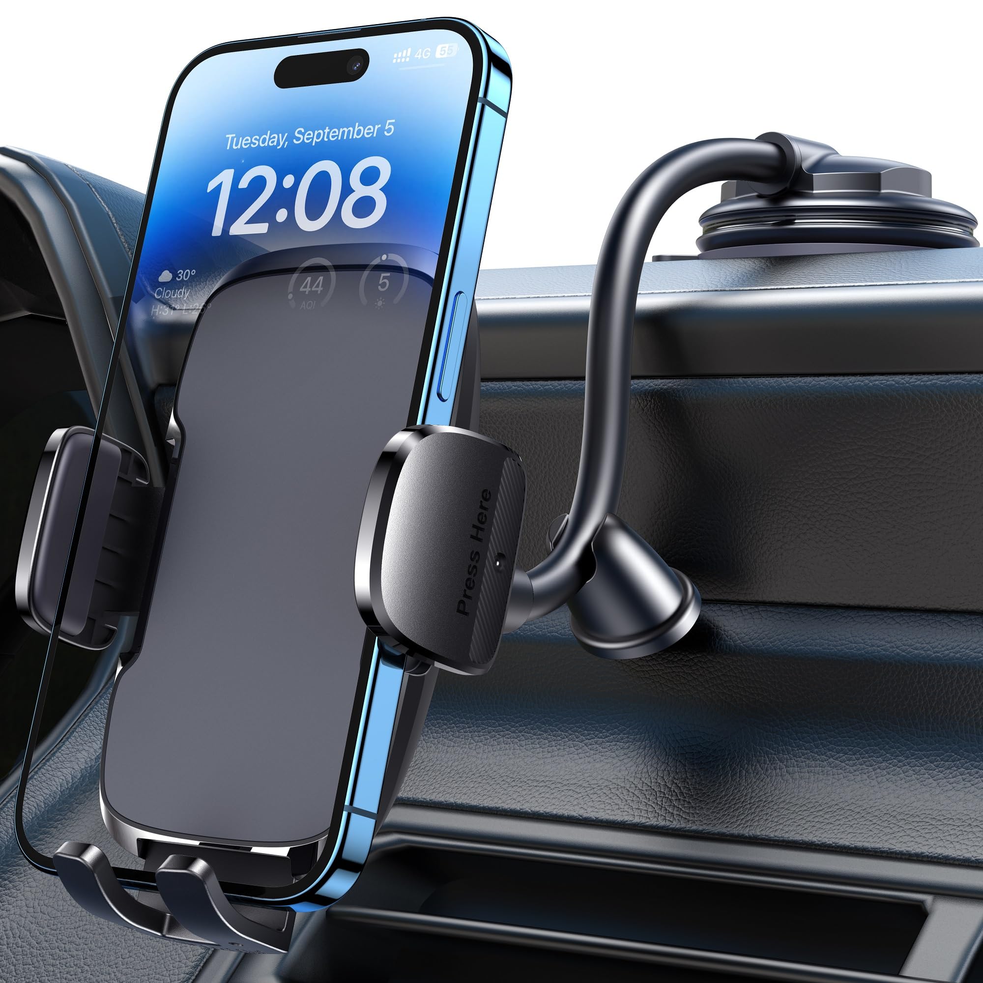 Premium Car Phone Holder - Flexible Long Arm & Anti-Shake Dashboard & Windshield Mount for iPhone & Android Smartphones | Perfect for GPS Navigation, Hands-Free Calls & Road Trips