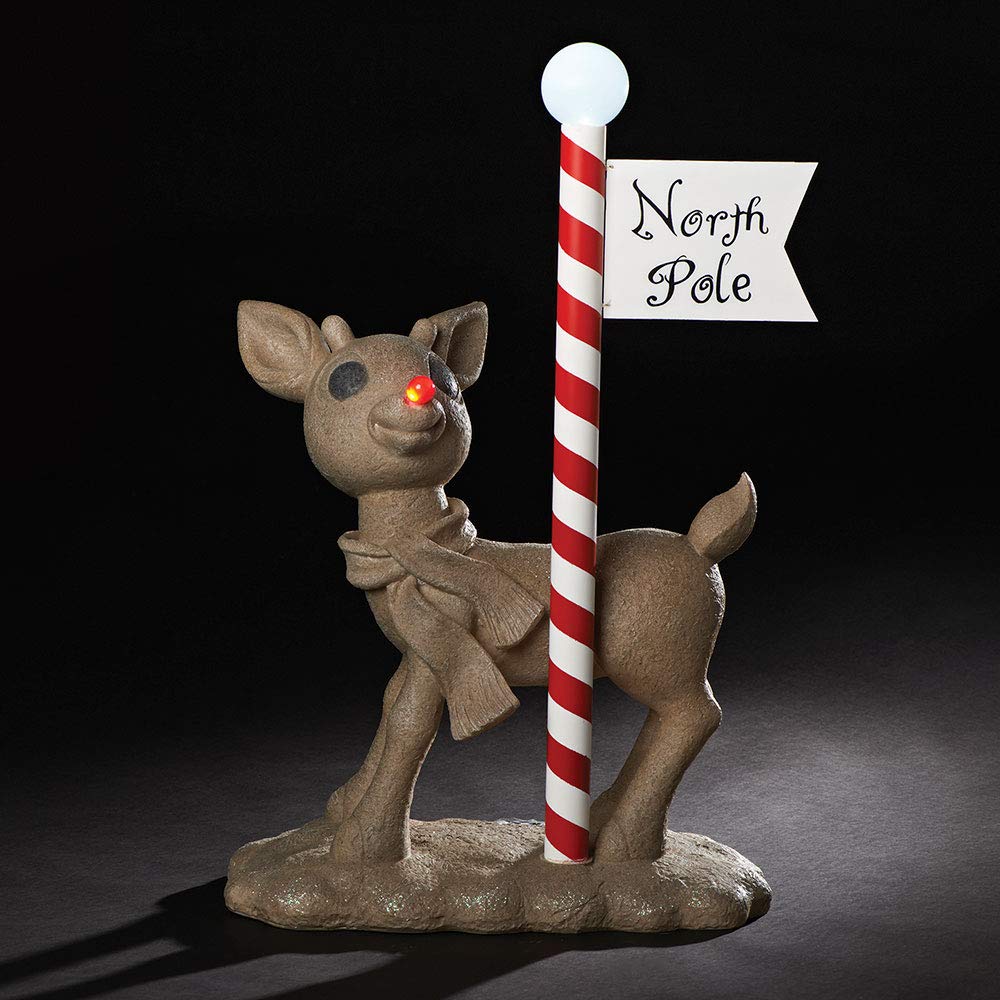 Roman Lights Rudolph The Red-Nosed Reindeer with North Pole Sign Statue - 24