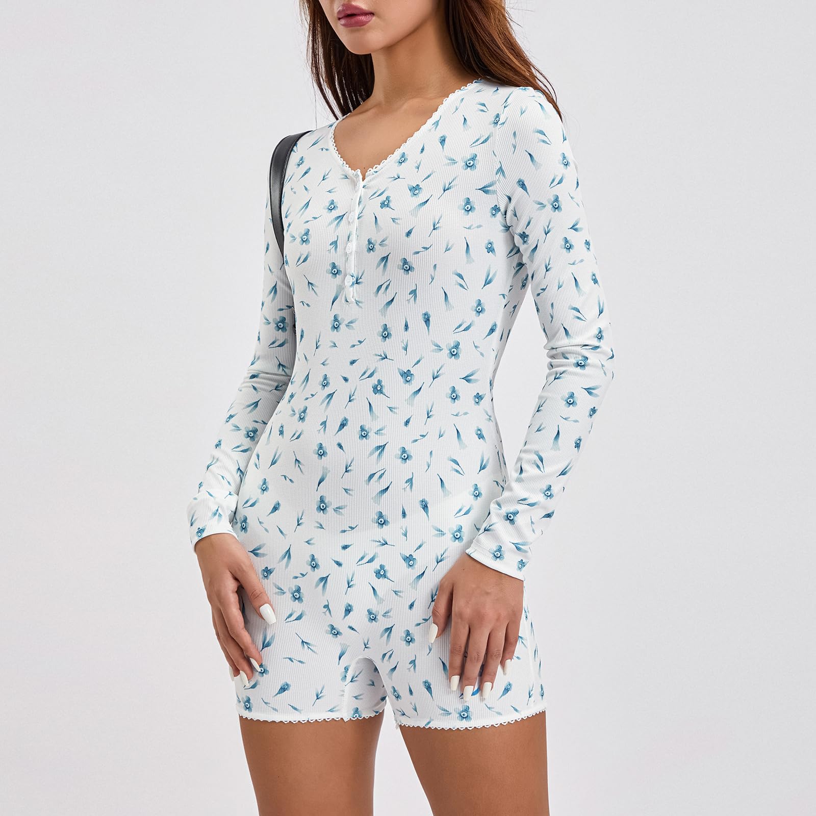 Karwuiio Women's Y2K Slim Fit Romper - V Neck Button Down Long Sleeve Floral Jumpsuit Shorts Bodysuit | Sexy Casual Outfit for Dating, Parties & Summer Fashion